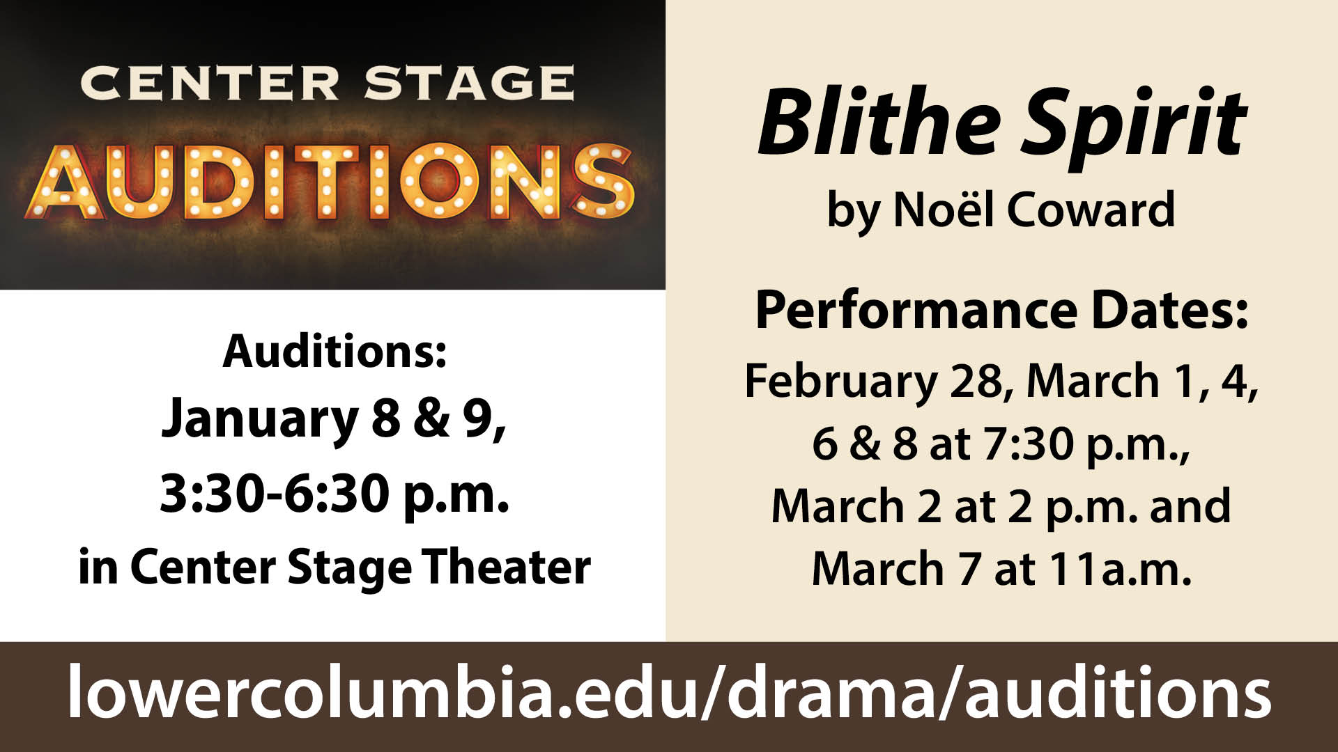 Blithe Spirit Center Stage Auditions and key dates.