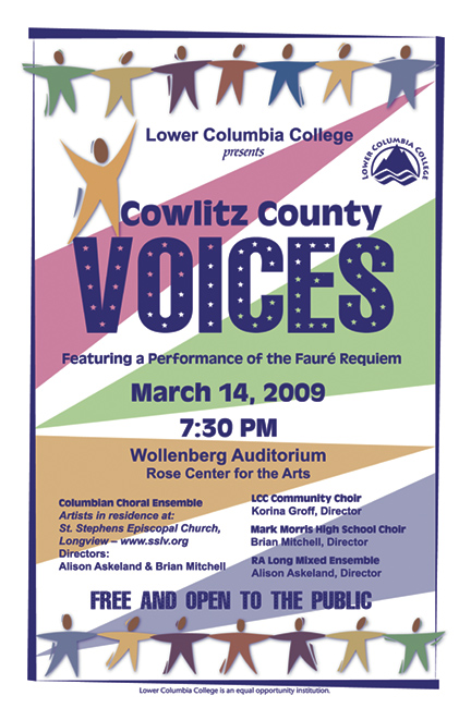 Cowlitz County Voices featuring a performance of the Fauré Requiem Concert Poster. Stick figures with arms outsretched, holding hands in a line, a la Hands Across America.