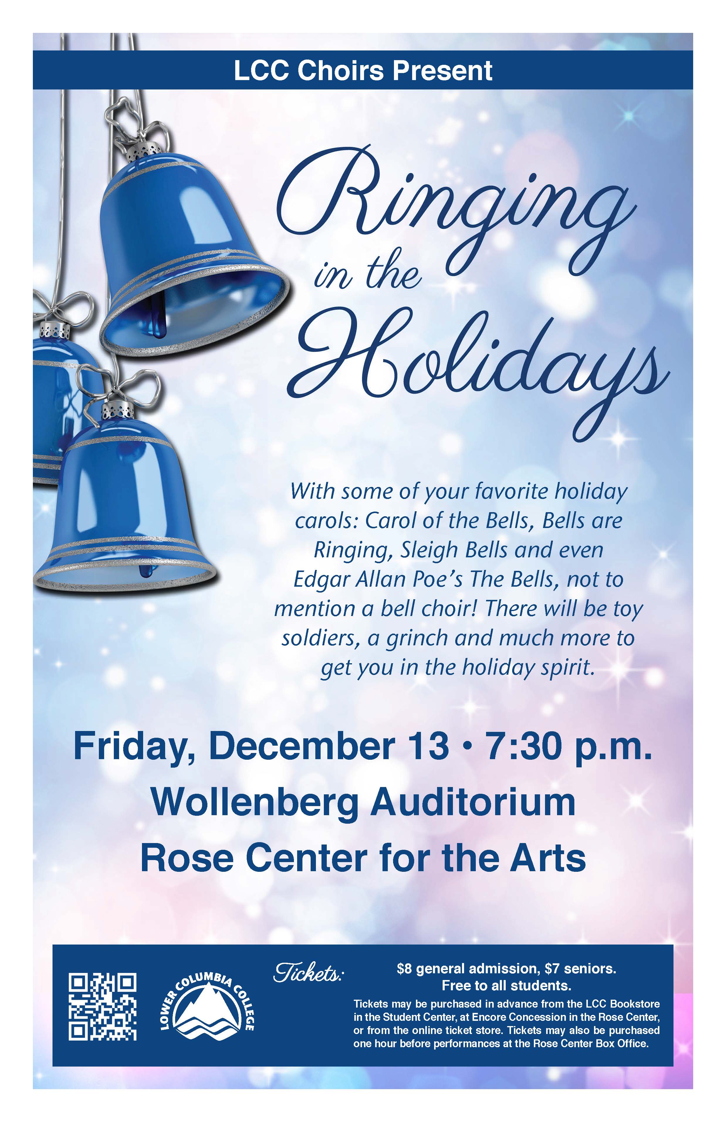 LCC Choirs present Ringing in the Holidays concert poster depicting three blue bells.