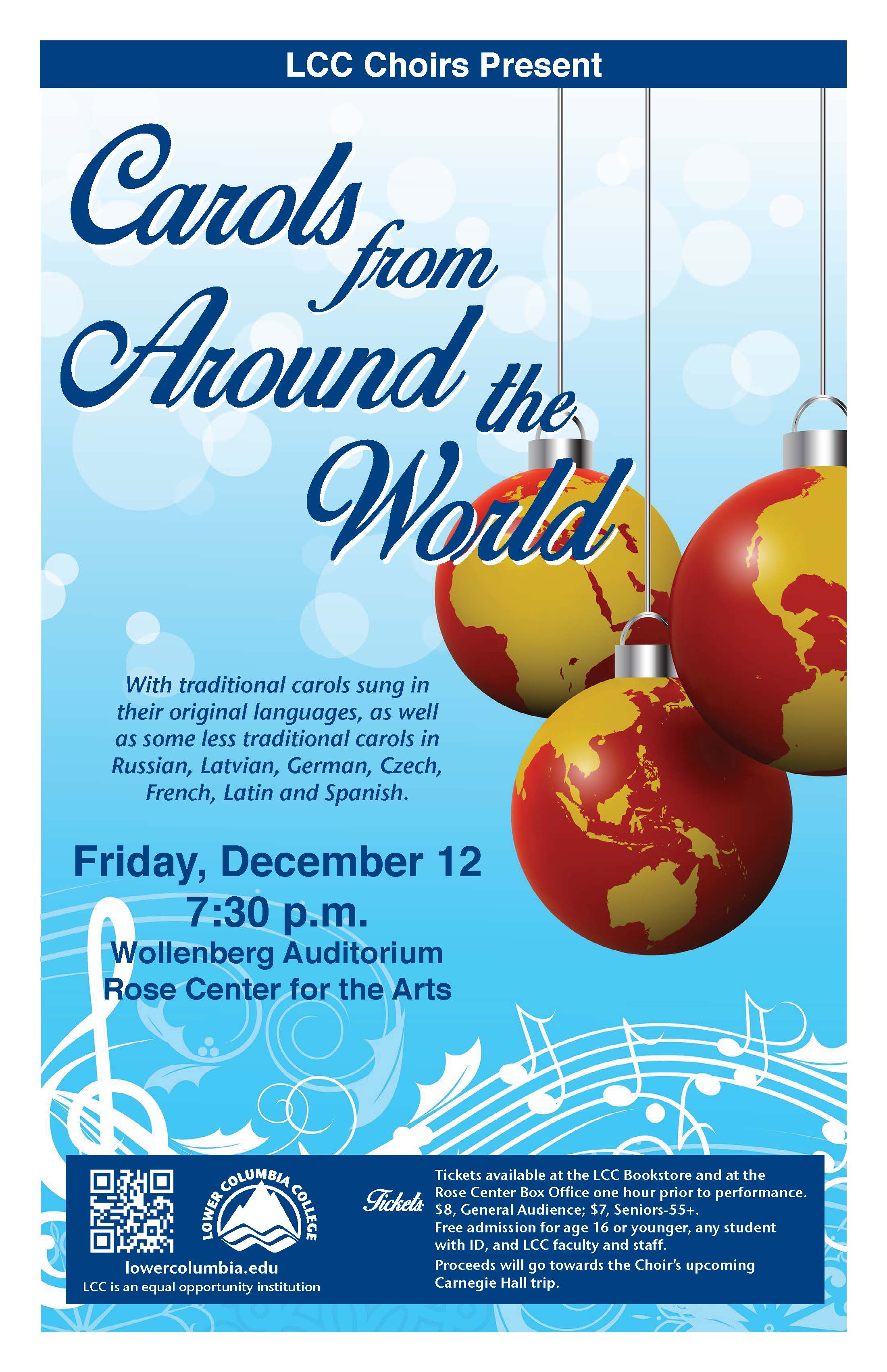 LCC Choirs present Carols from Around the World concert poster depicting ornaments with the globe designed on them, land in gold and sea in red.