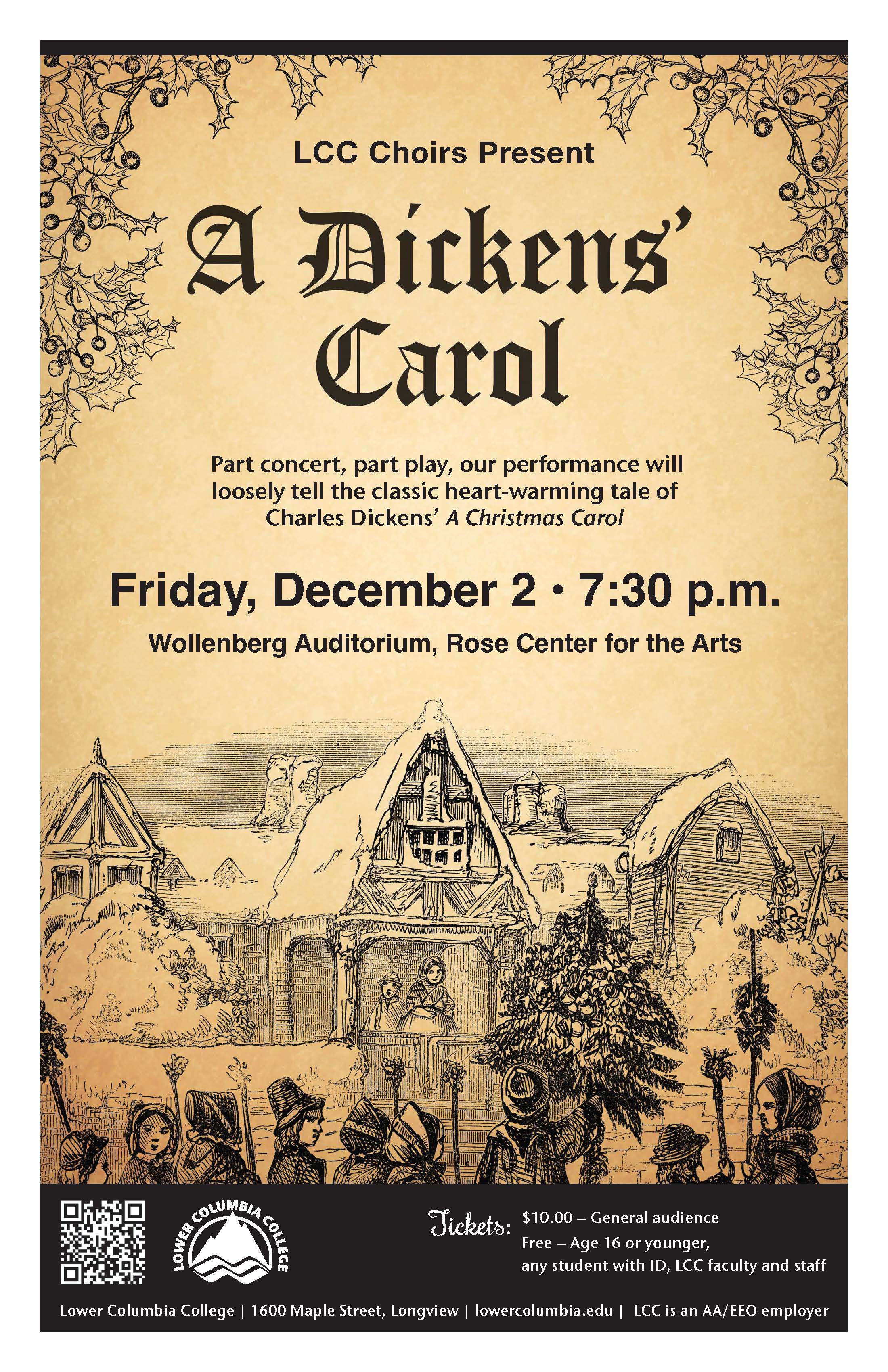LCC Choirs Present A Dickens' Carol concert poster depicting a bustling peasant village.