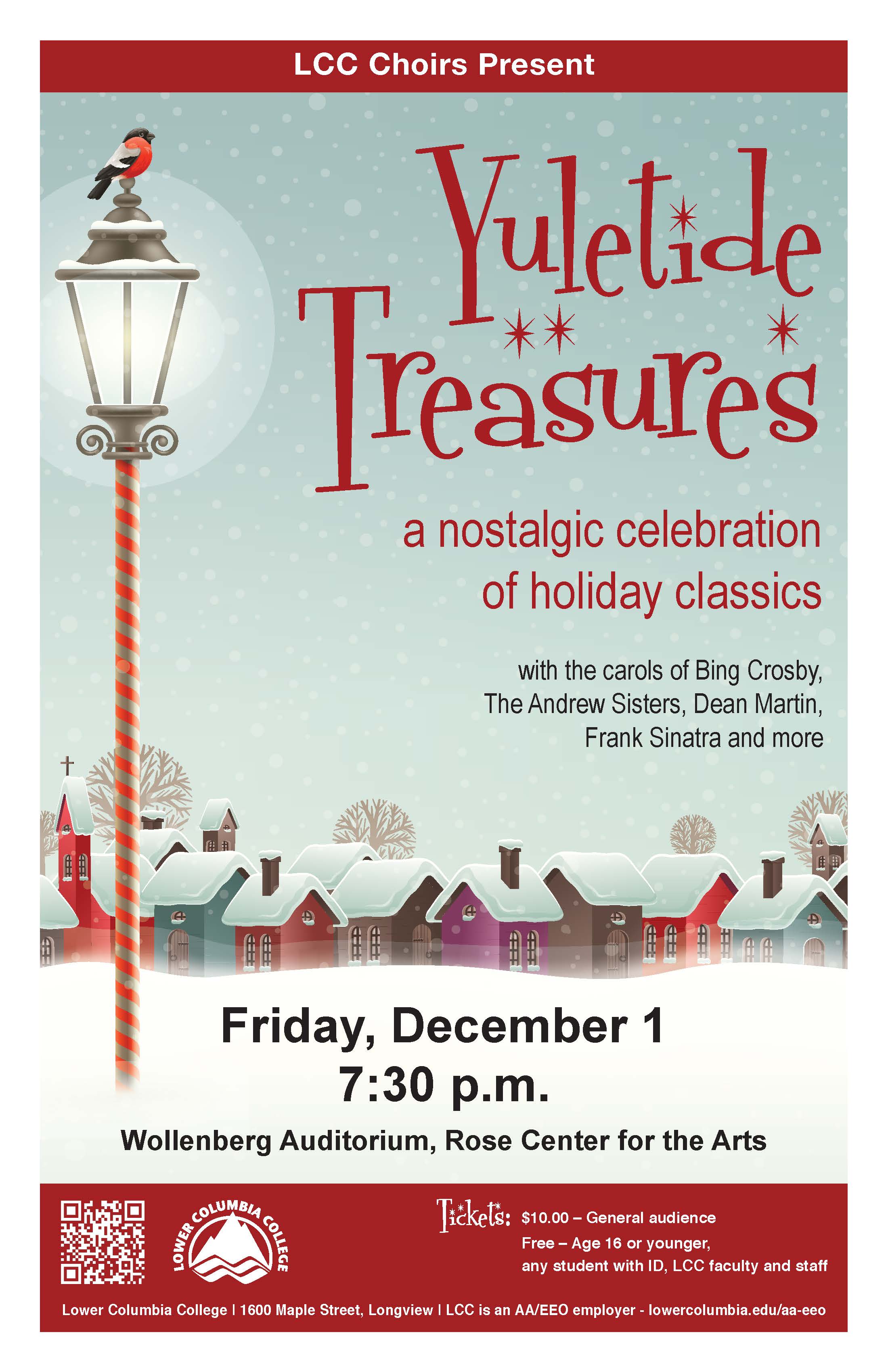 Yuletide Treasures concert poster depicting a robin perched on a lamppost overlooking a snow covered village.