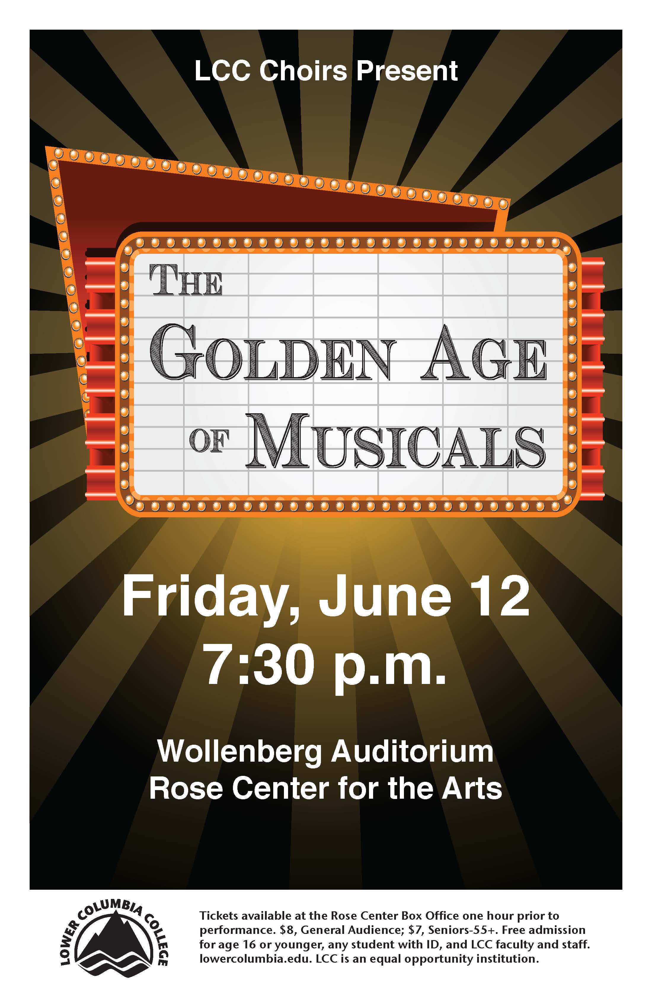 LCC Choirs present the Golden Age of Musicals concert poster depicting a marquee.