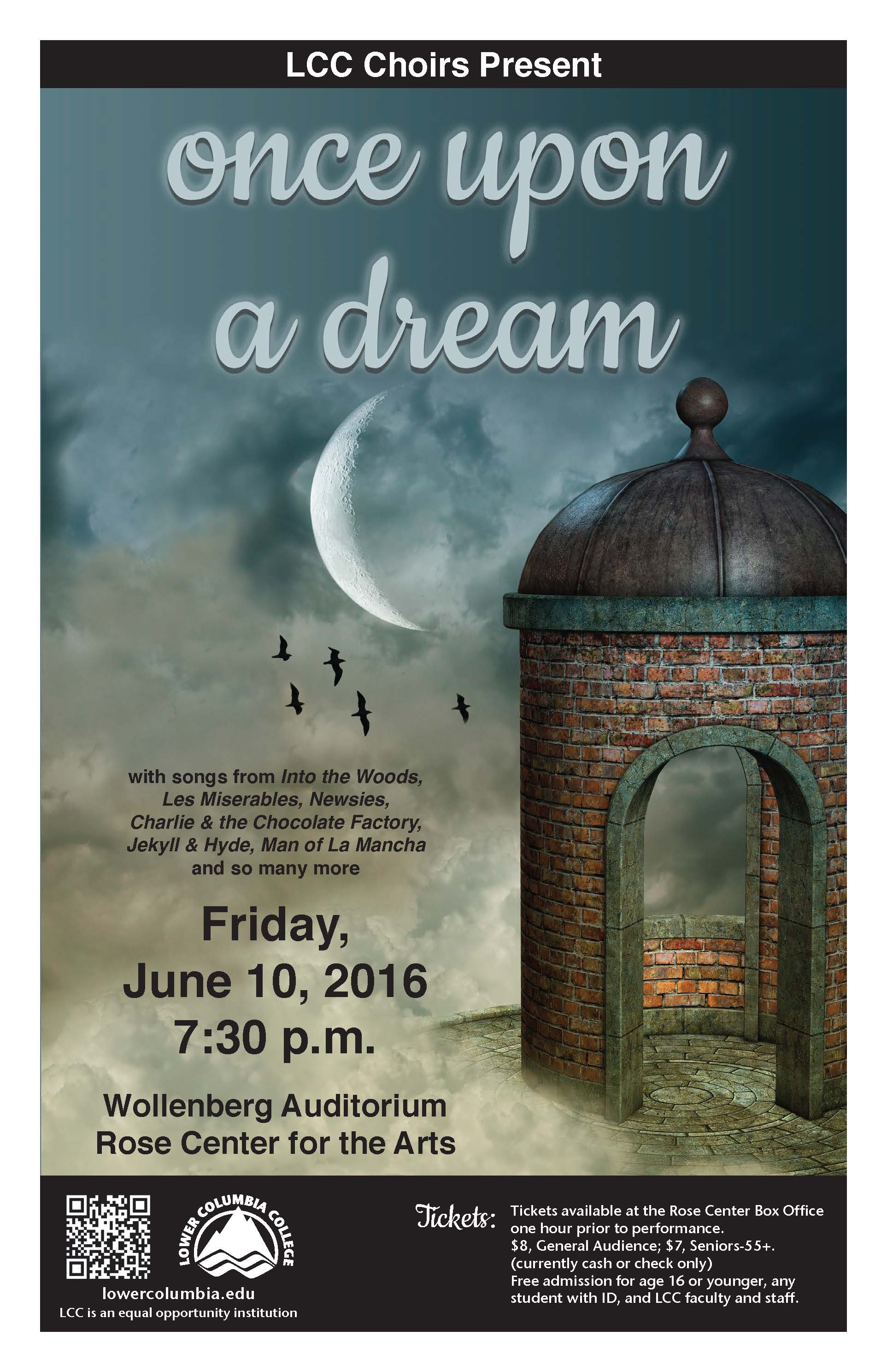 Once Upon A Dream concert poster depicting a brick cupola in the moonlight with birds flying by.