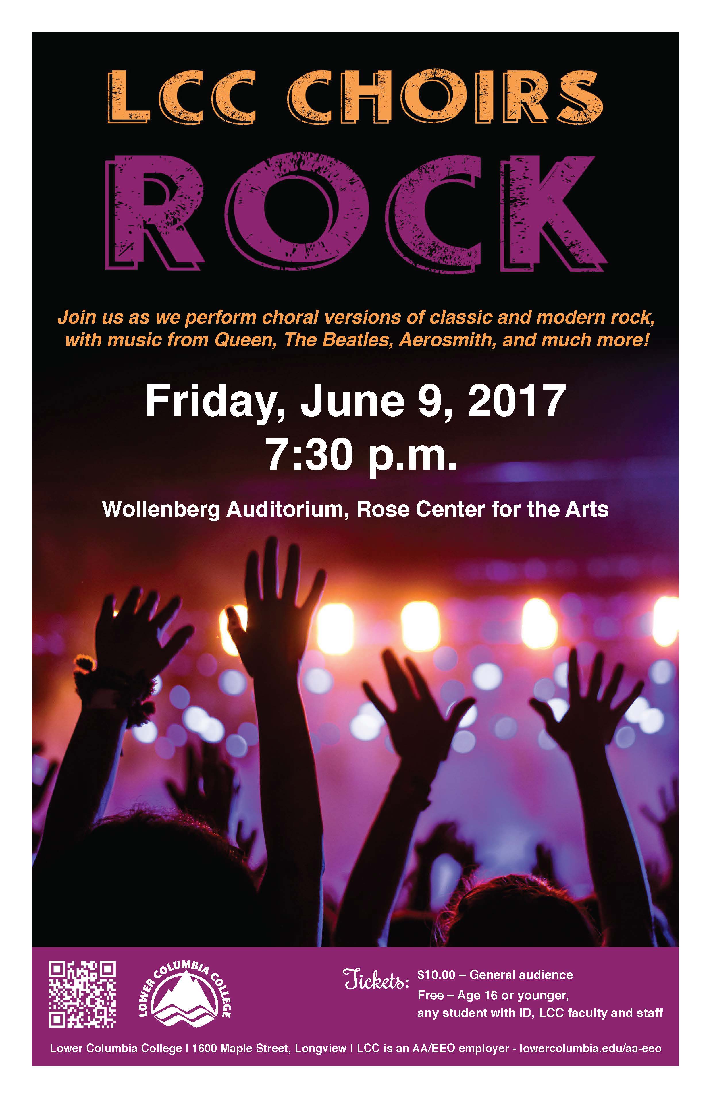 LCC Choirs Rock concert poster depicting a close up of audience members hands in the air facing the stage at a concert.