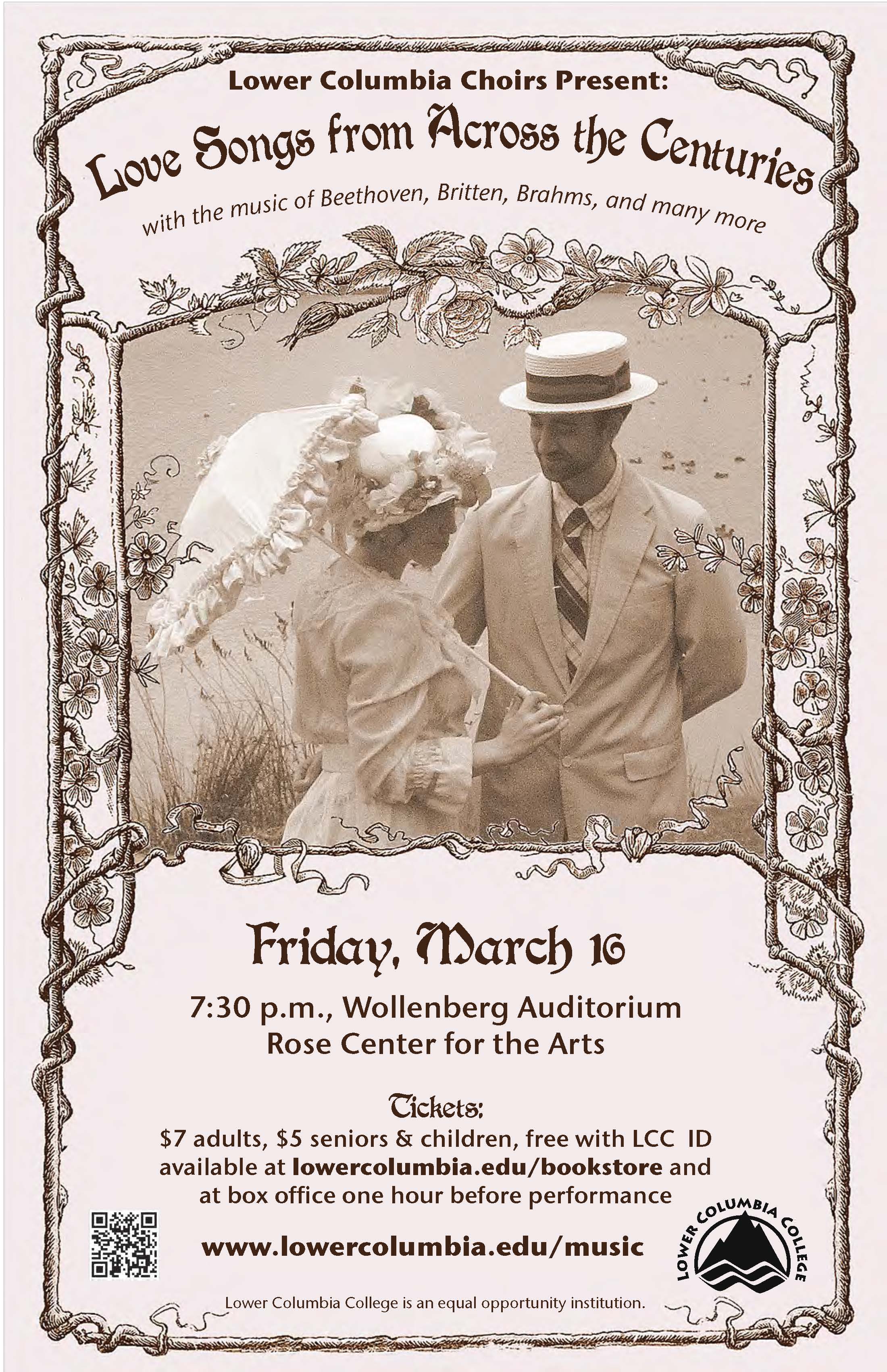 LCC Choirs Present: Love Songs from Across the Centuries depicting a dapper dressed gentleman escorting a lady with a flowery sunhat and a parisol.