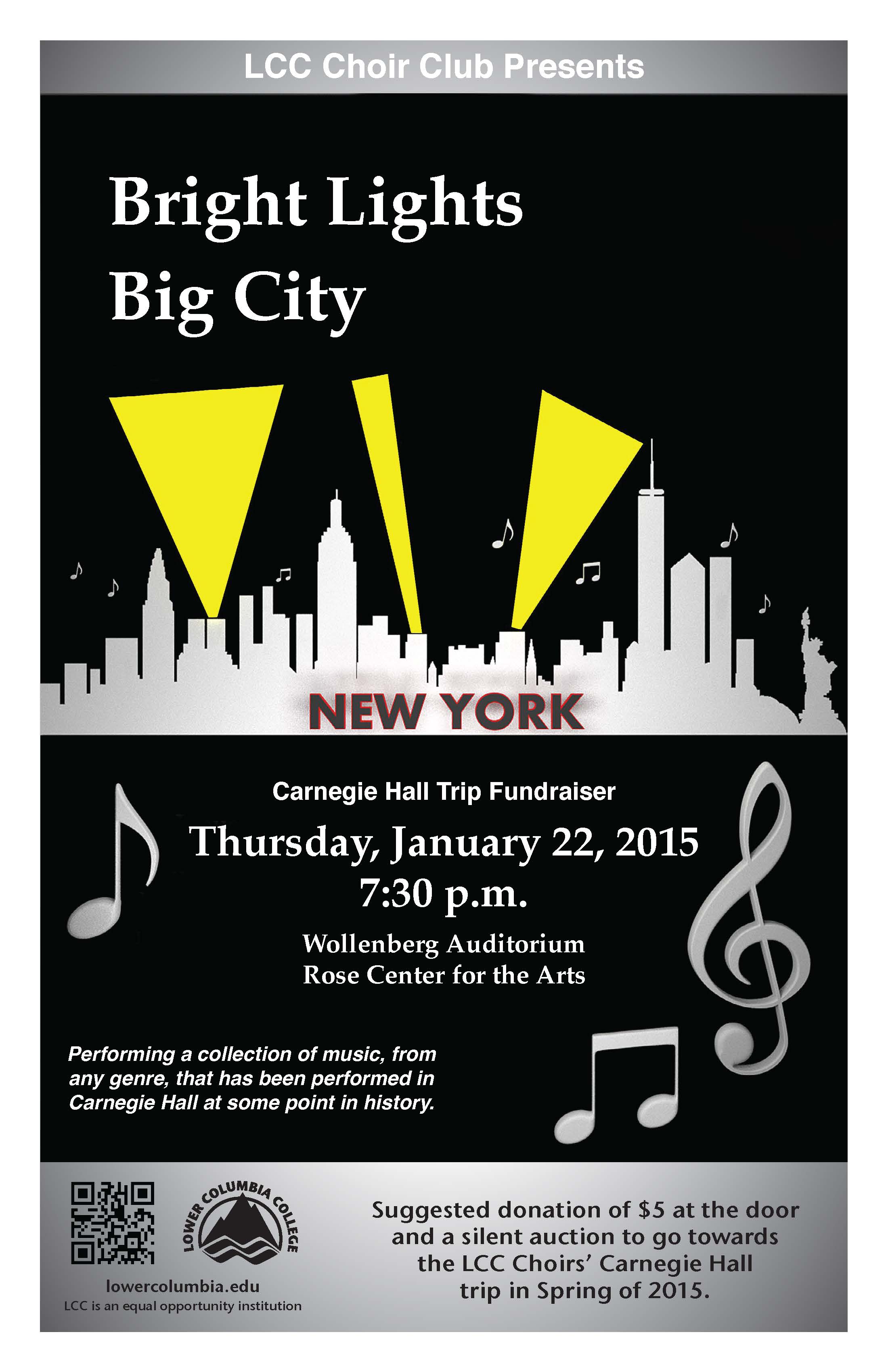 LCC Choir Club presents Bright Lights Big City concert poster depicting the New York skyline with searchlights pointed upwards and music notes rising from the buildings.