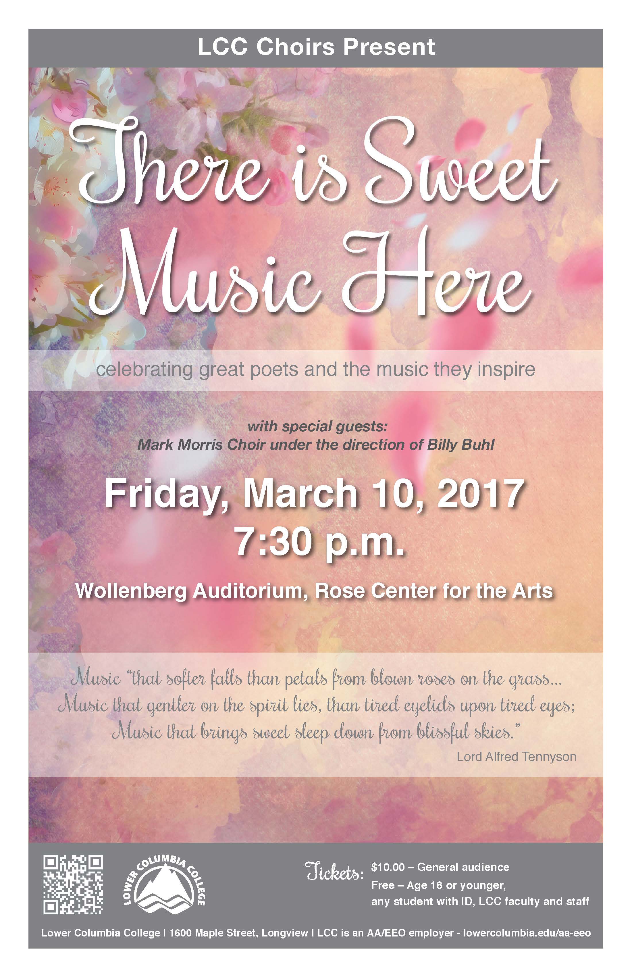 There is Sweet Music Here concert poster depicting blurry, pink flowers.