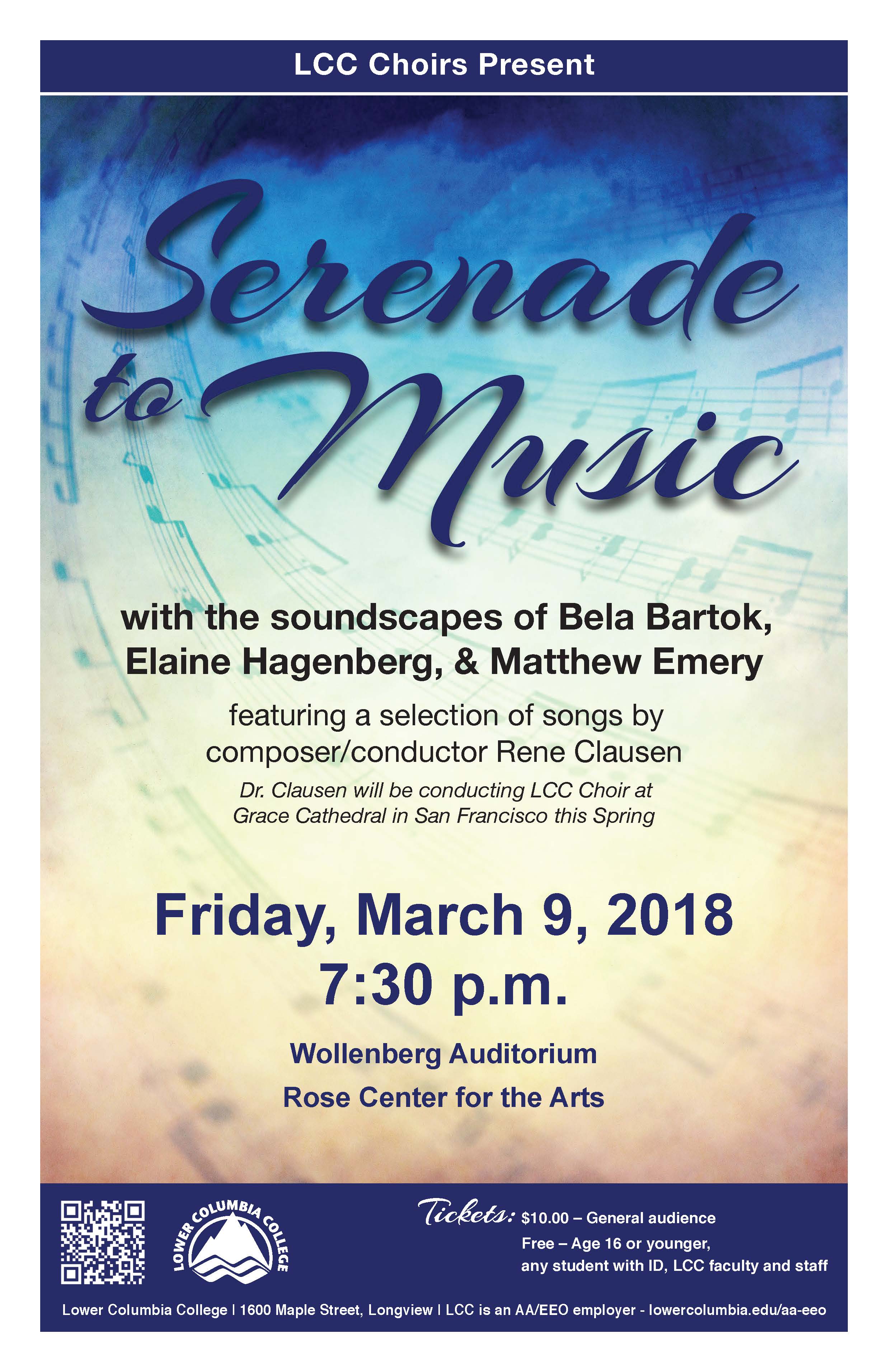 Serenade to Music concert poster depicting swirling sheet music with a cloudy background.