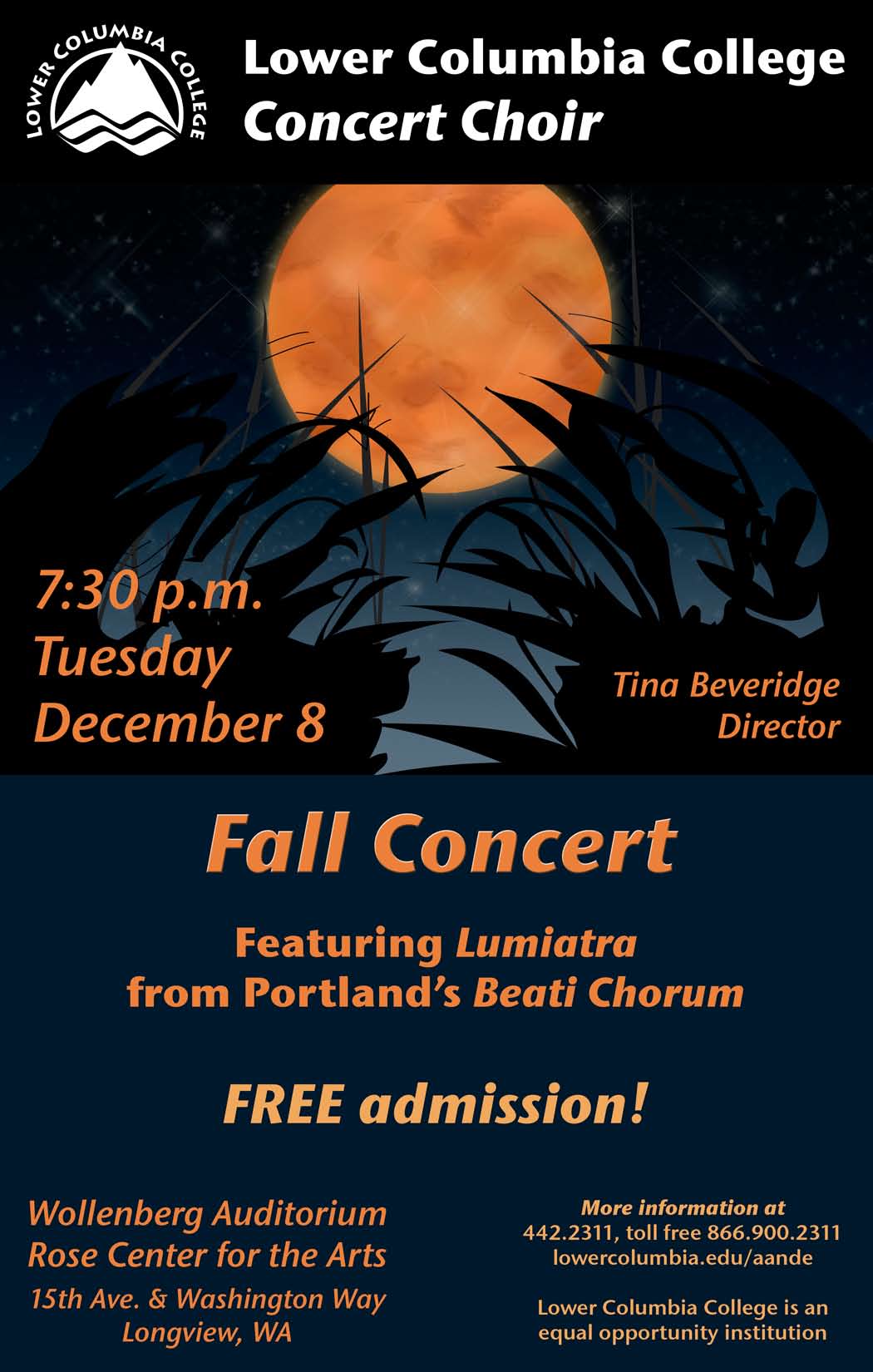 LCC Concert Choir Fall Concert concert poster depicting an orange moon seen from behind tall shadowy grass.