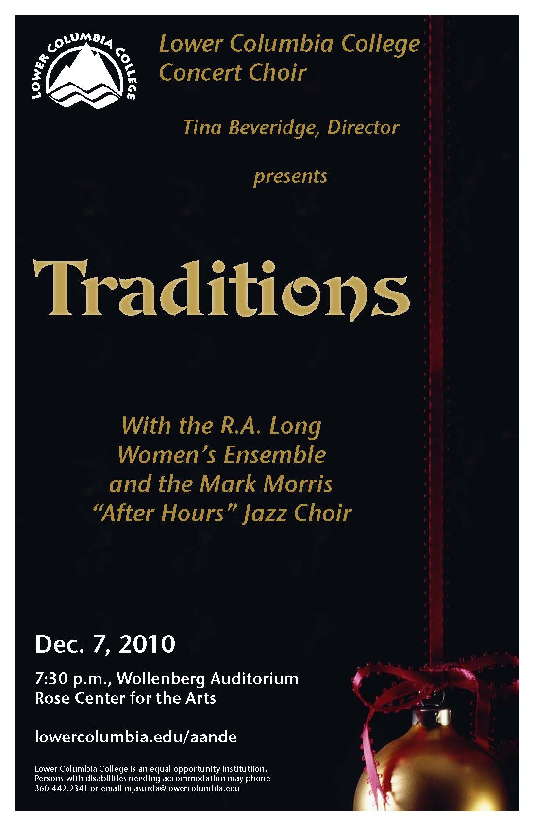 LCC Concert Choir presents Traditions concert poster depicting a close up of a Christmas ornament hanging from a red ribbon.