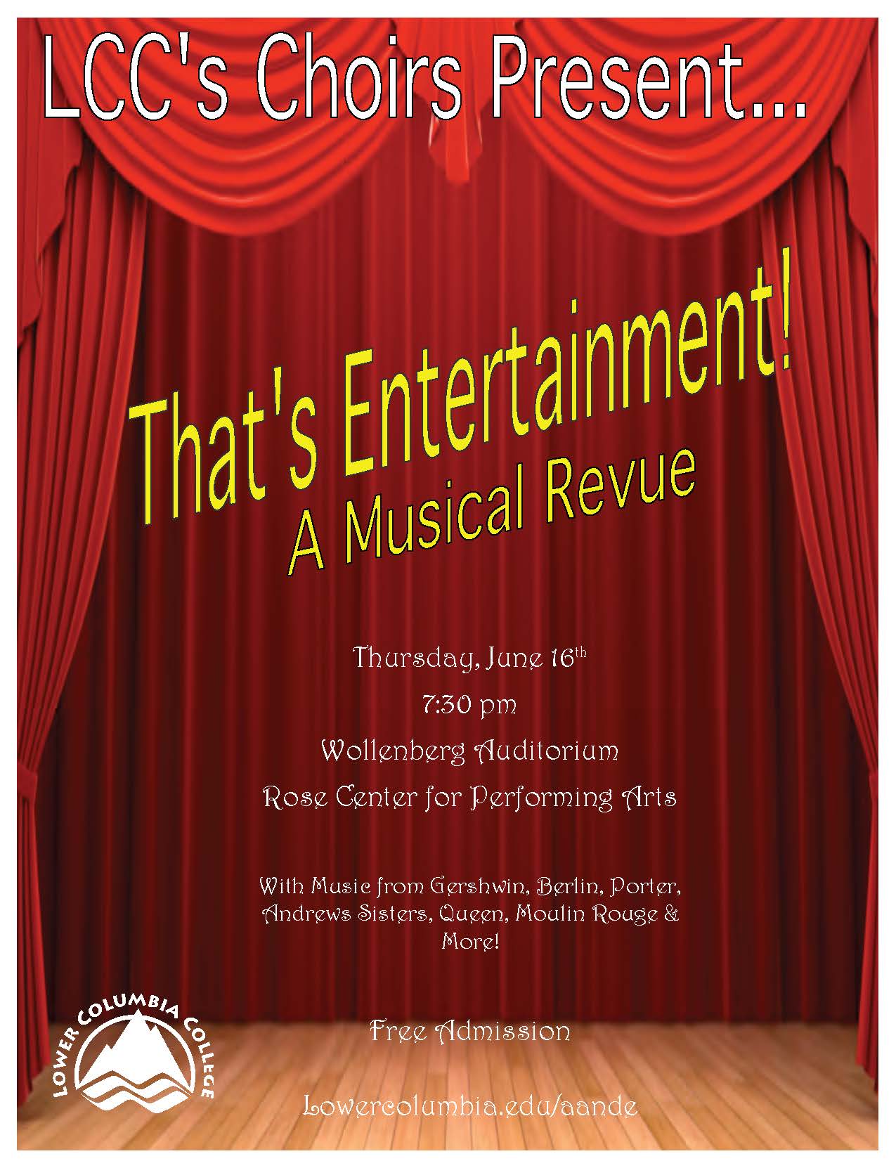 LCC's Choirs Present... That's Entertainment! A Musical Revue Spring 2011 concert poster. Red velvet curtains open on a lit empty stage.
