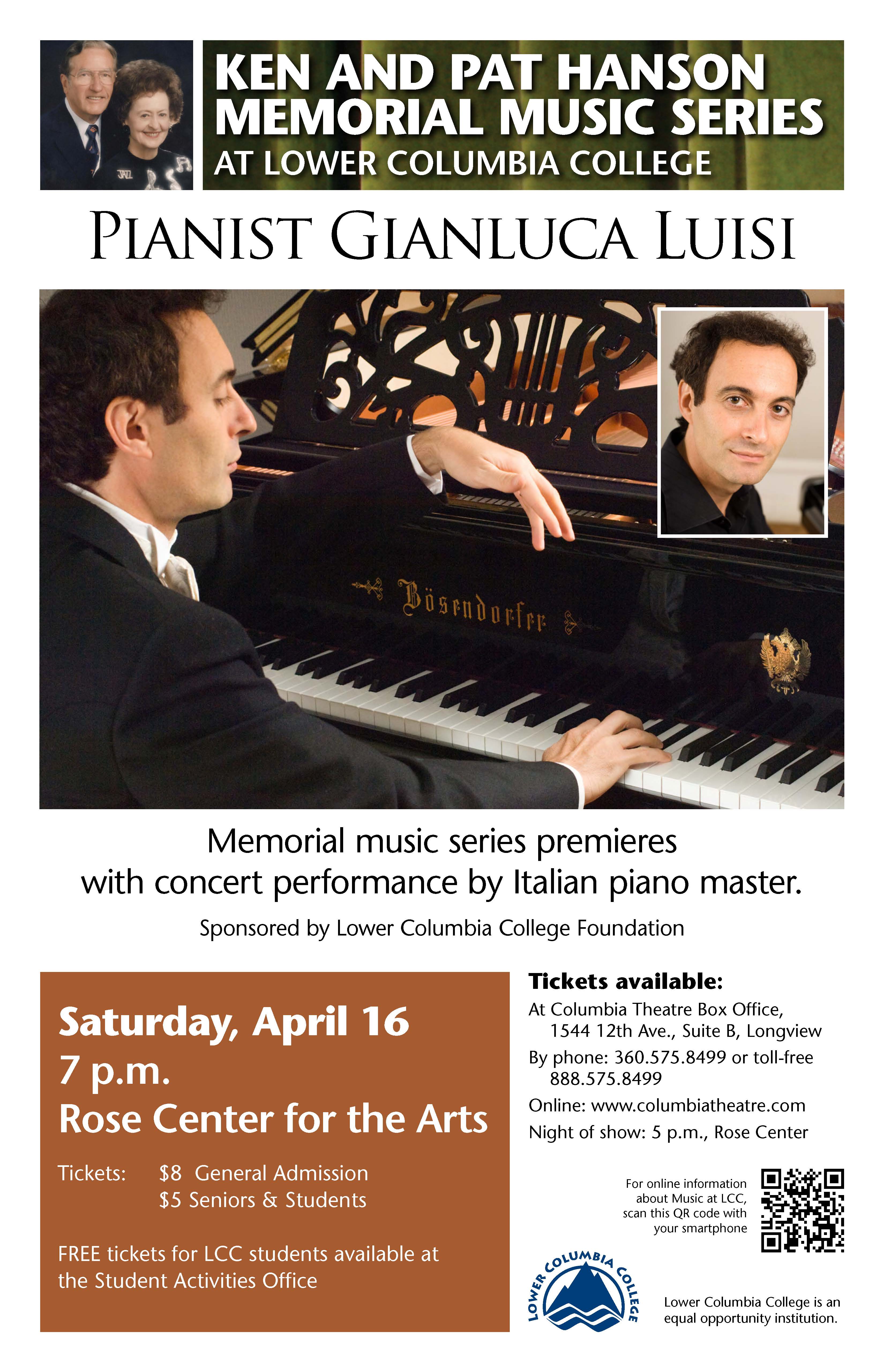 Ken and Pat Hanson Memorial Music Series at LCC presents Italian Piano Master Gianluca Luisi concert poster depicting a headshot of Ken and Pat Hanson and Gianluca Luisi as well as an action shot of Gianluca Luisi playing the piano.