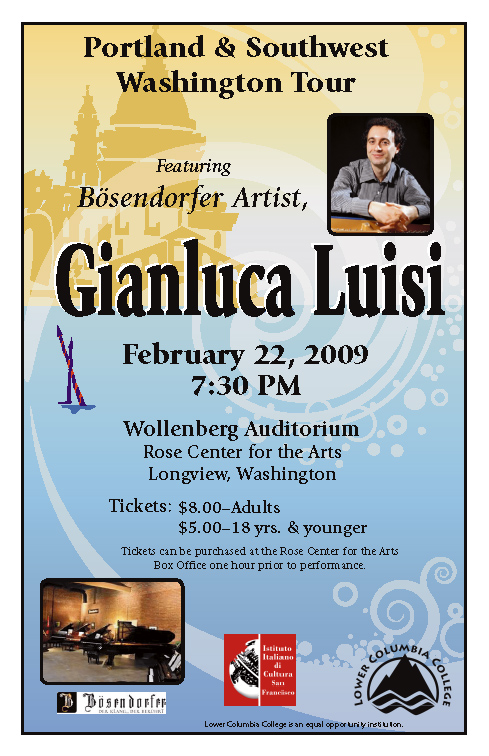 Portland & Southwest Washington Tour concert poster depicting a headshot of Gianluca Luisi and a gothic architecture building on the water.