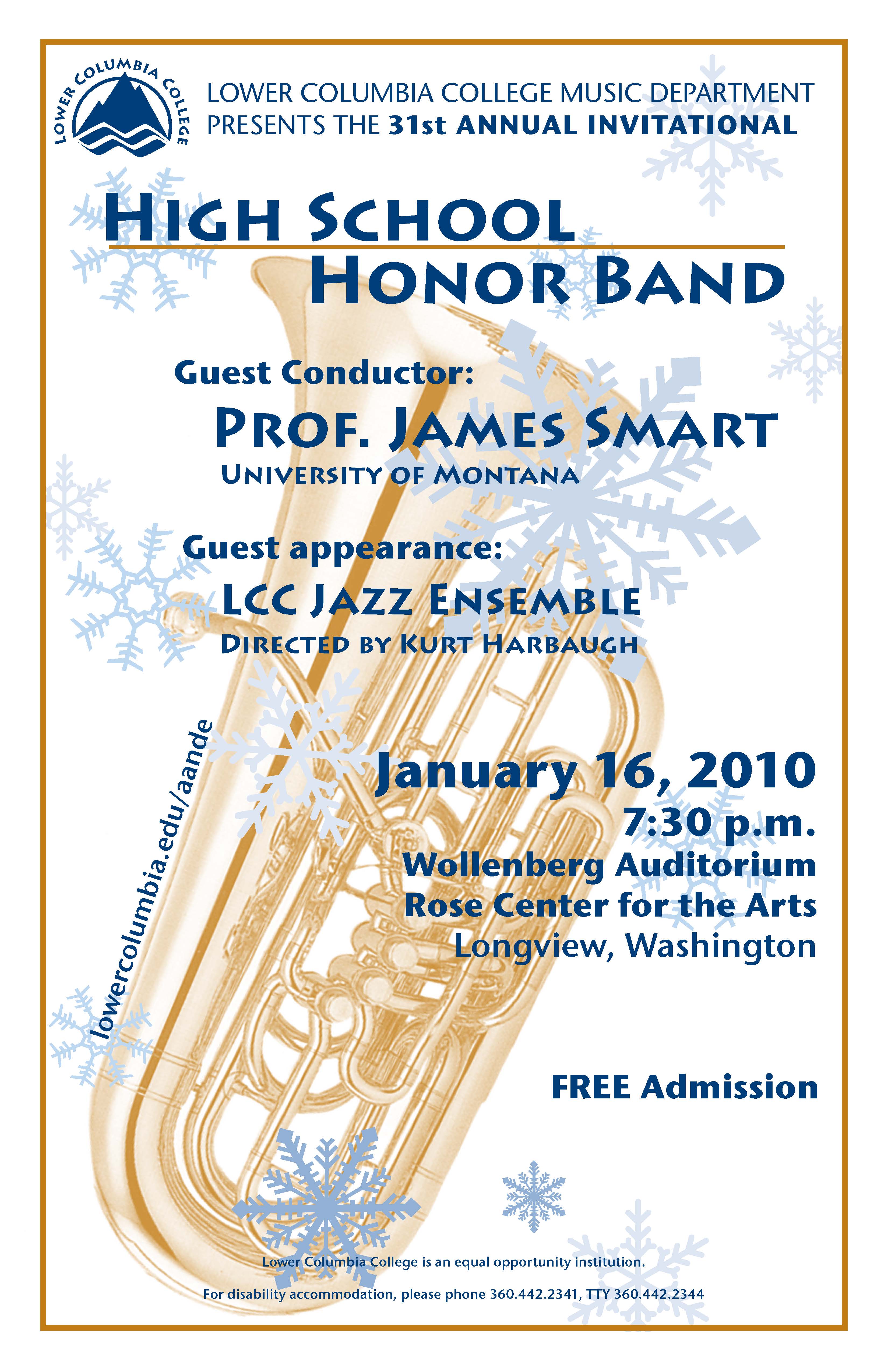 LCC Music Department Presents the 31st Annual Invitational concert poster depiccting a tuba surrounded by snowflakes.