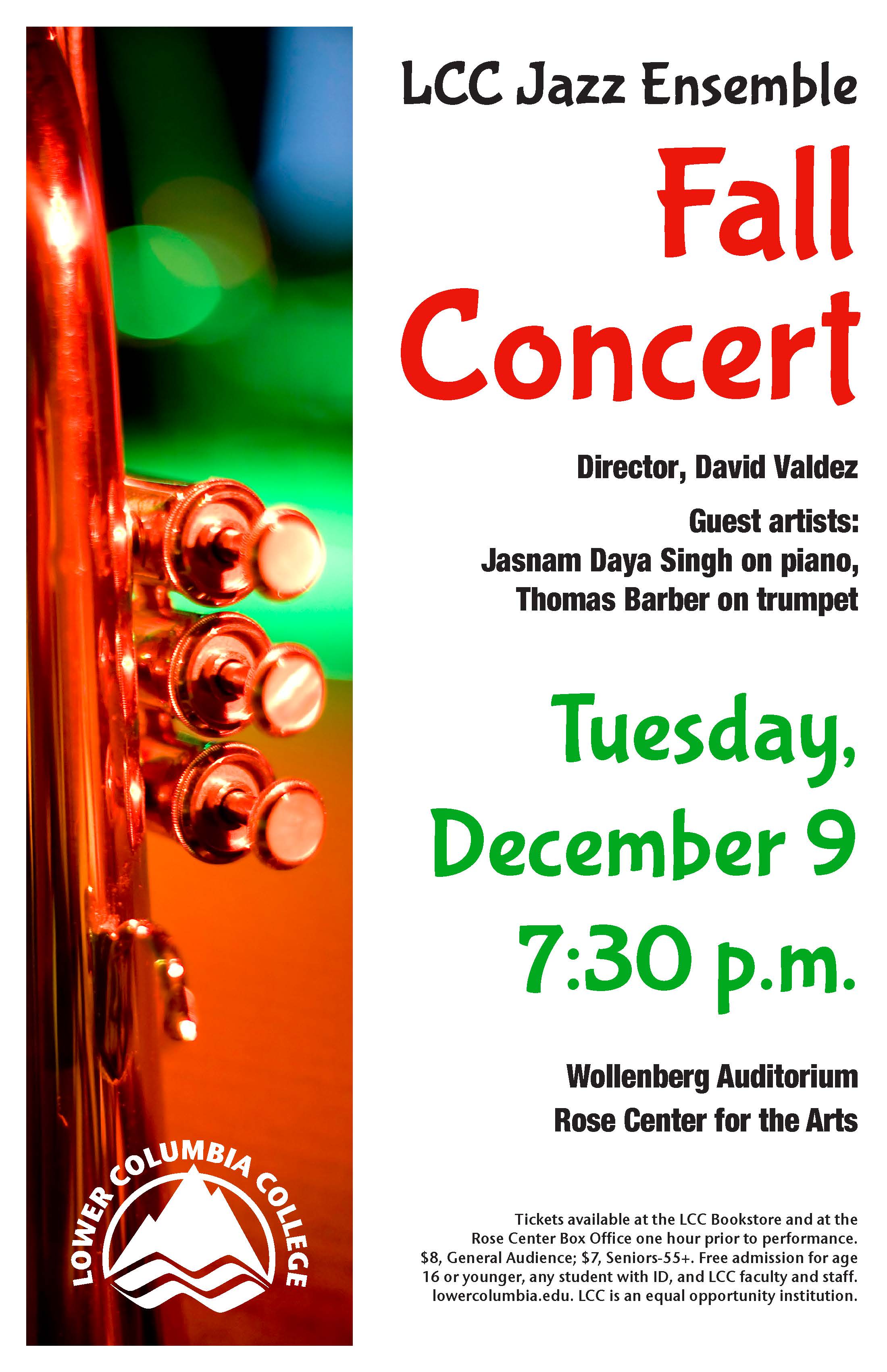 LCC Jazz Ensemble Fall Concert 2014 concert poster depicting a close-up of trumpet valves.