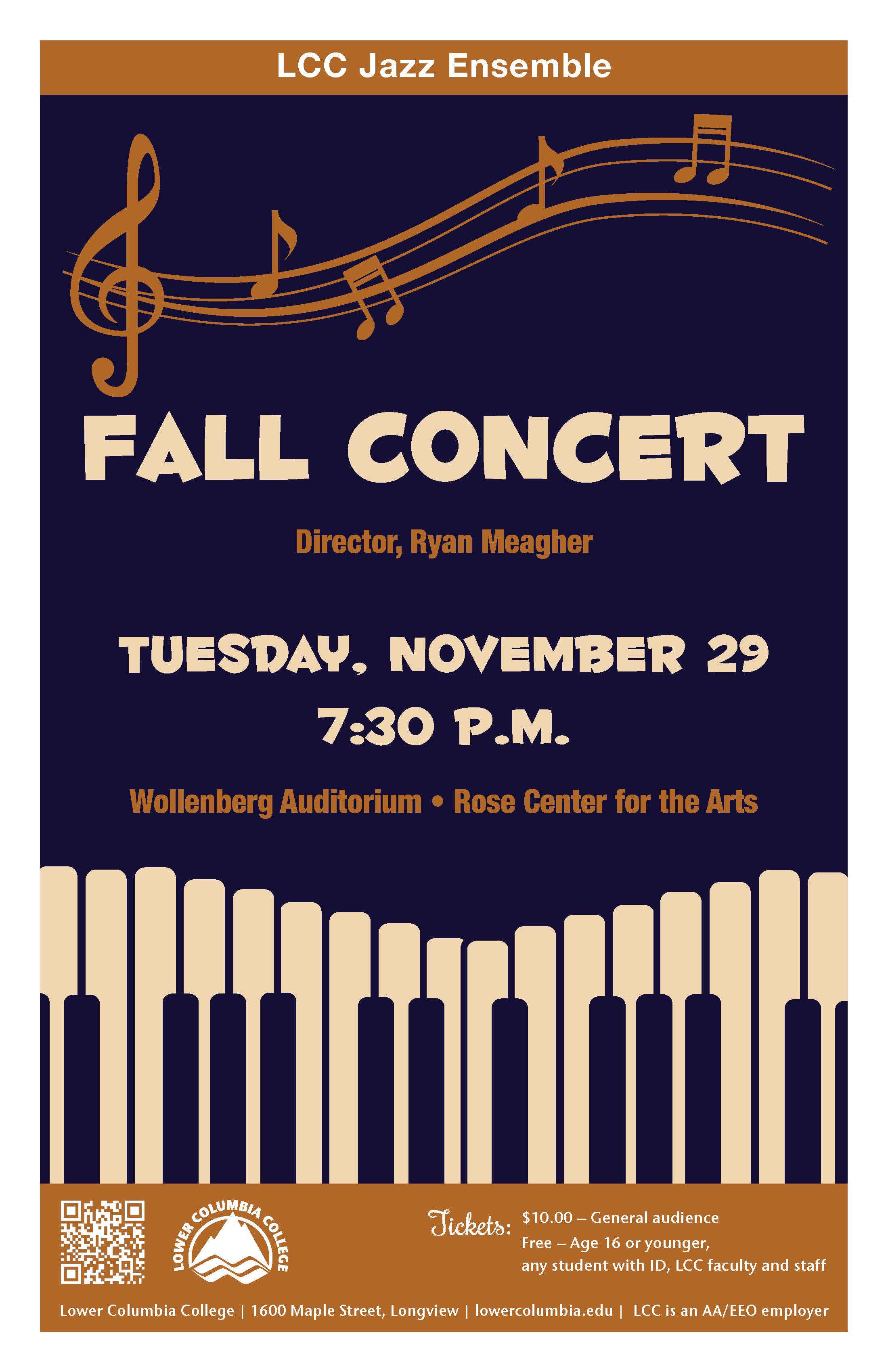 LCC Jazz Ensemble Fall Concert 2016 poster depicting a swirling music staff.