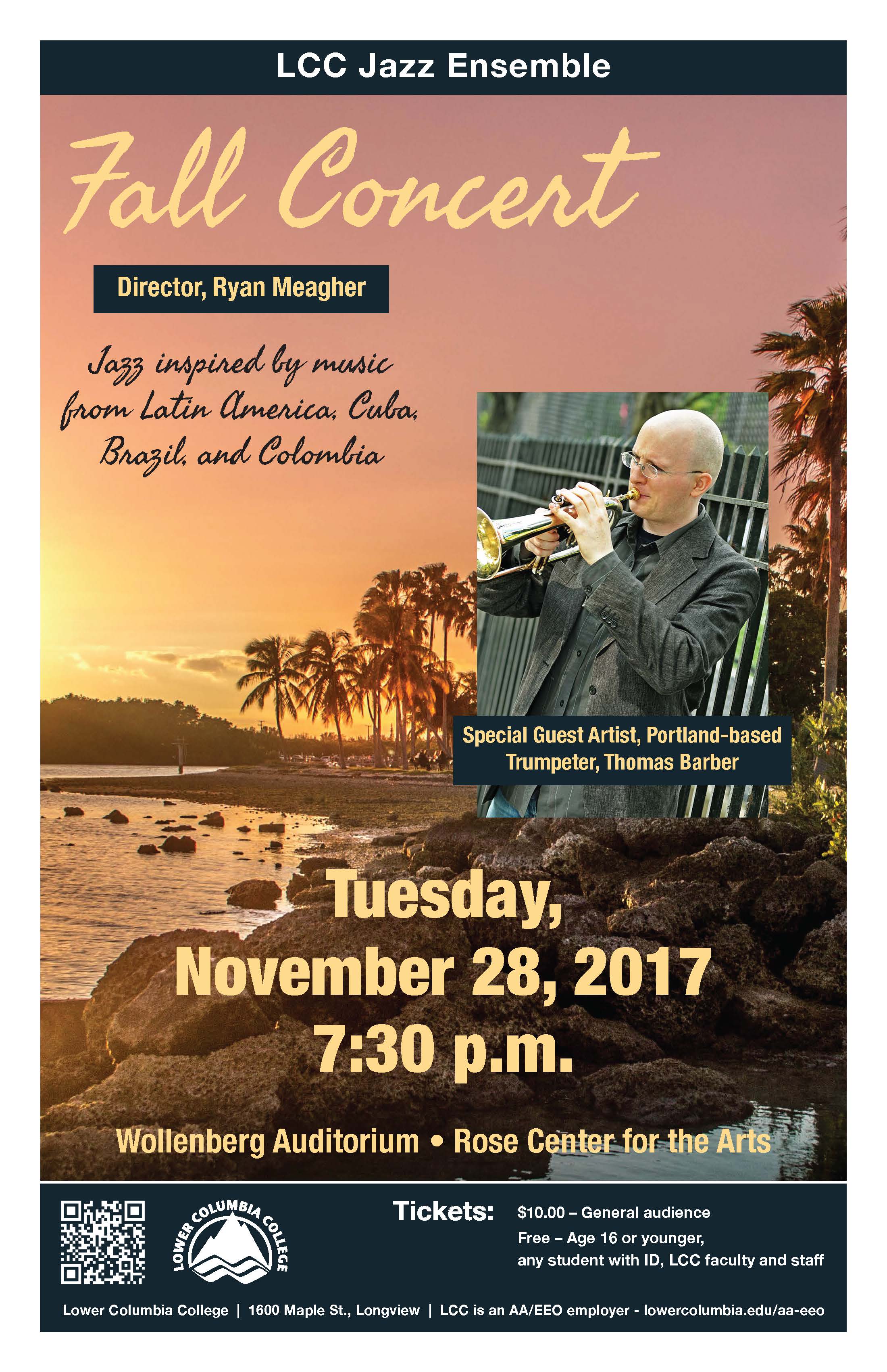 LCC Jazz Ensemble Fall Concert 2017 poster depicting Thomas Barber playing trumpet and a beach at golden hour in the background.
