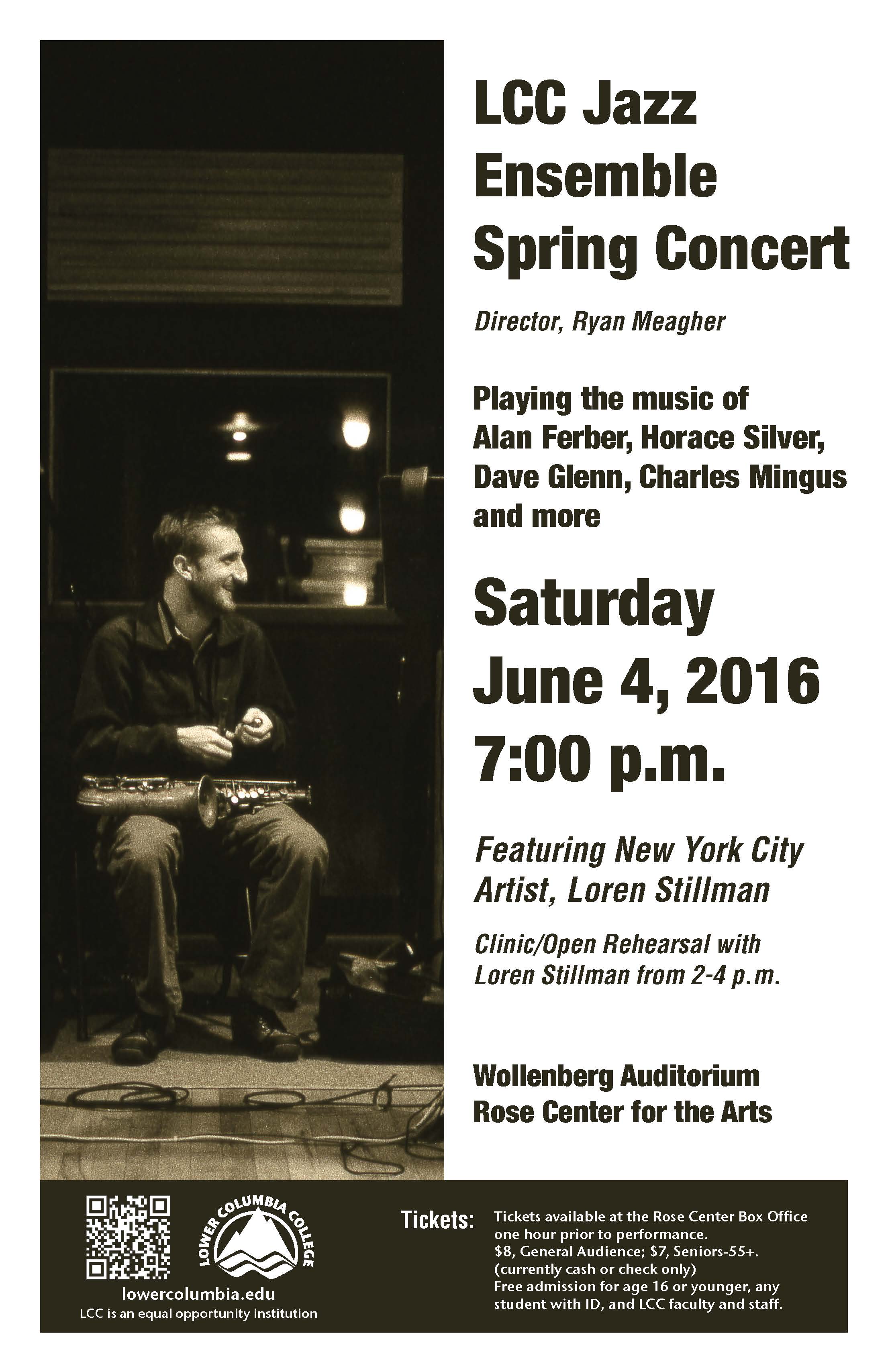 LCC Jazz Ensemble Spring Concert 2016 concert poster depicting Loren Stillman sitting with a saxophone.