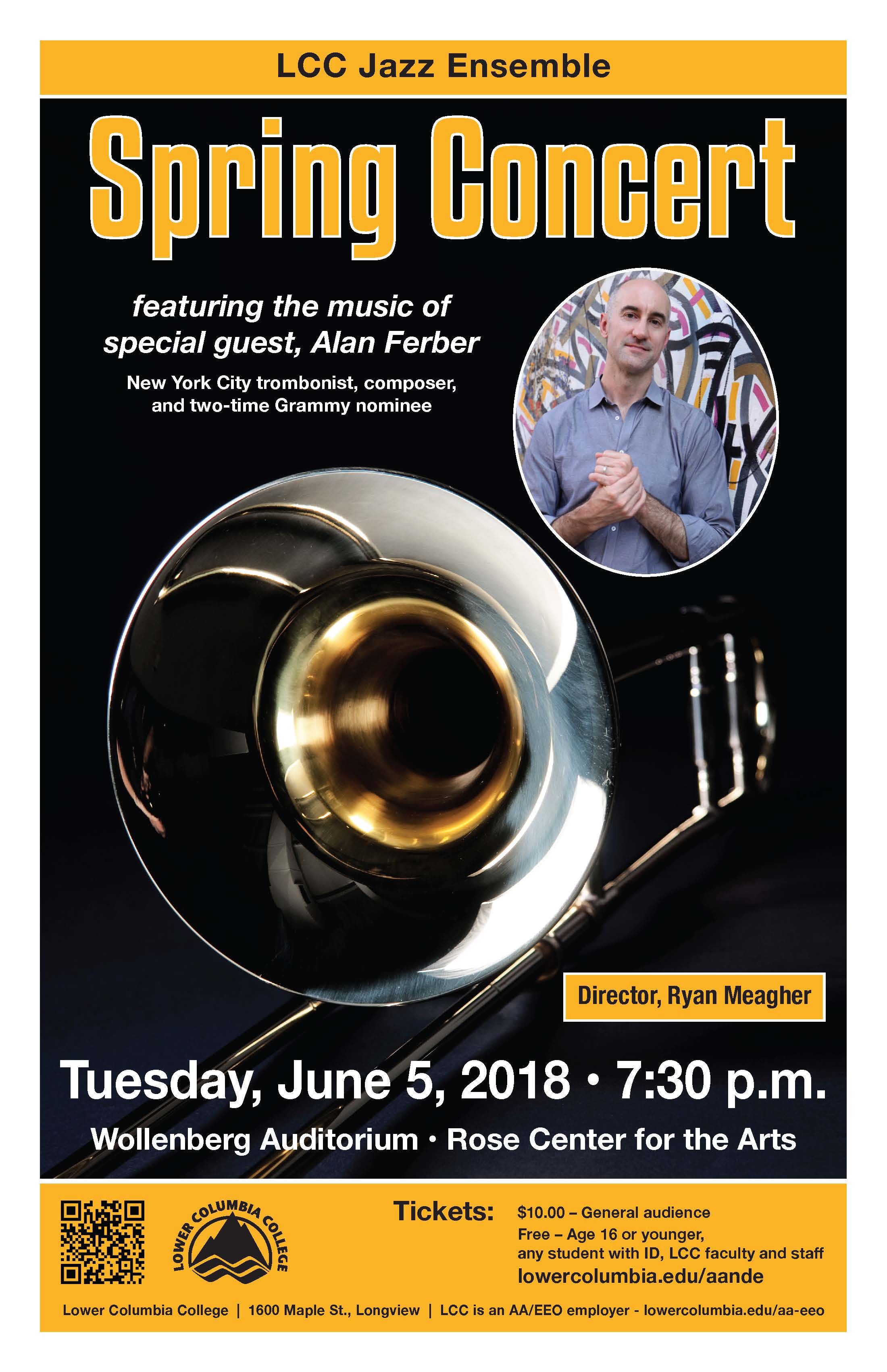 LCC Jazz Ensemble Spring Concert 2018 poster depicting Alan Ferber and a trombone.