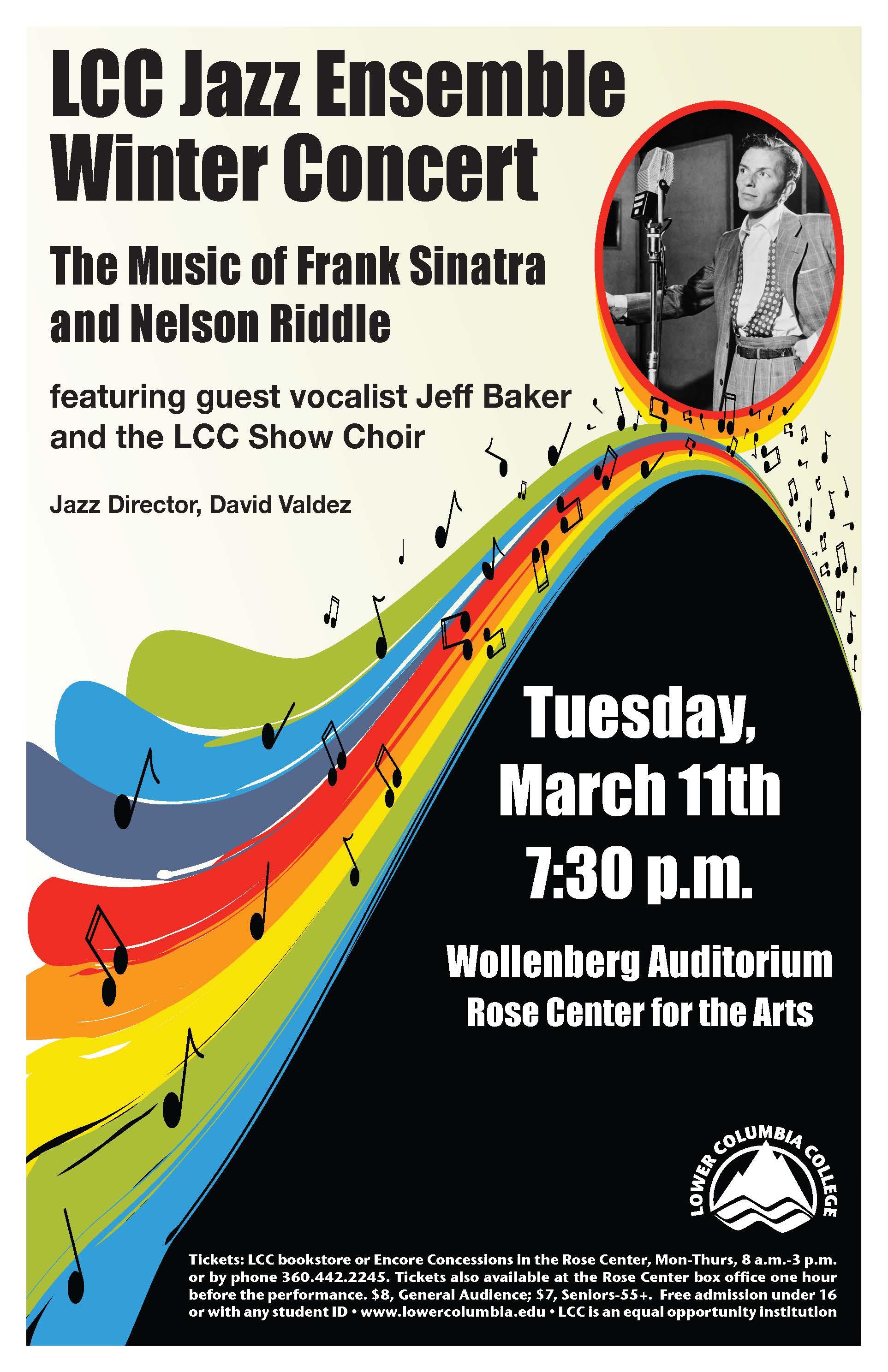 LCC Jazz Ensemble Winter Concert The Music of Frank Sinatra and Nelson Riddle concert poster depicting a black and white photo of Frank Sinatra on a rainbow background sprinkled with music notes.