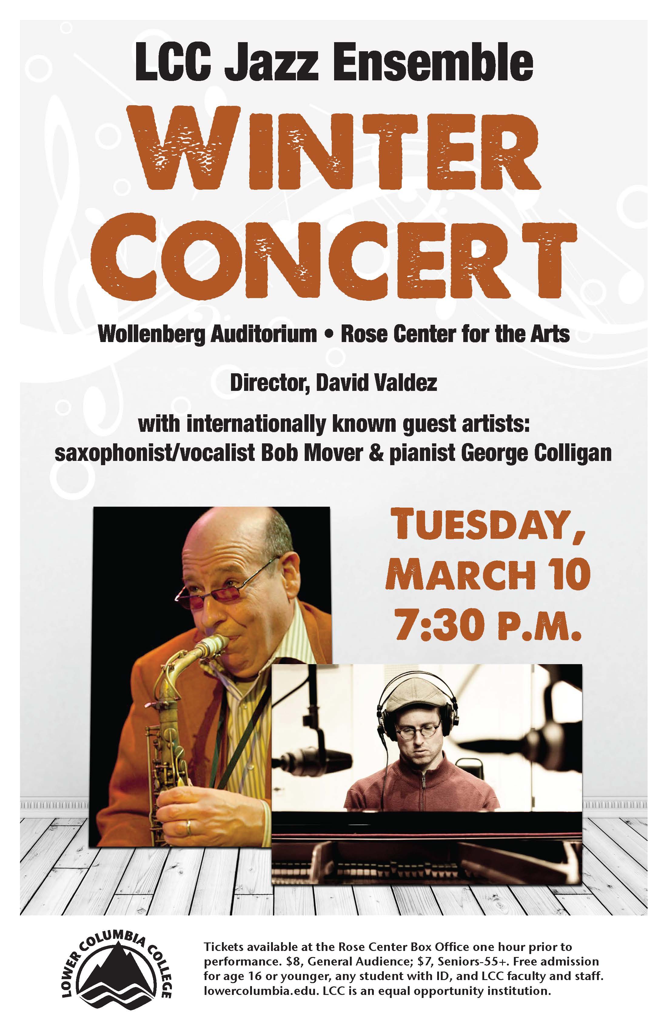 LCC Jazz Ensemble Winter Concert 2015 concert poster depicting a Bob Mover playing the saxophone and George Ccolligan playing the piano.