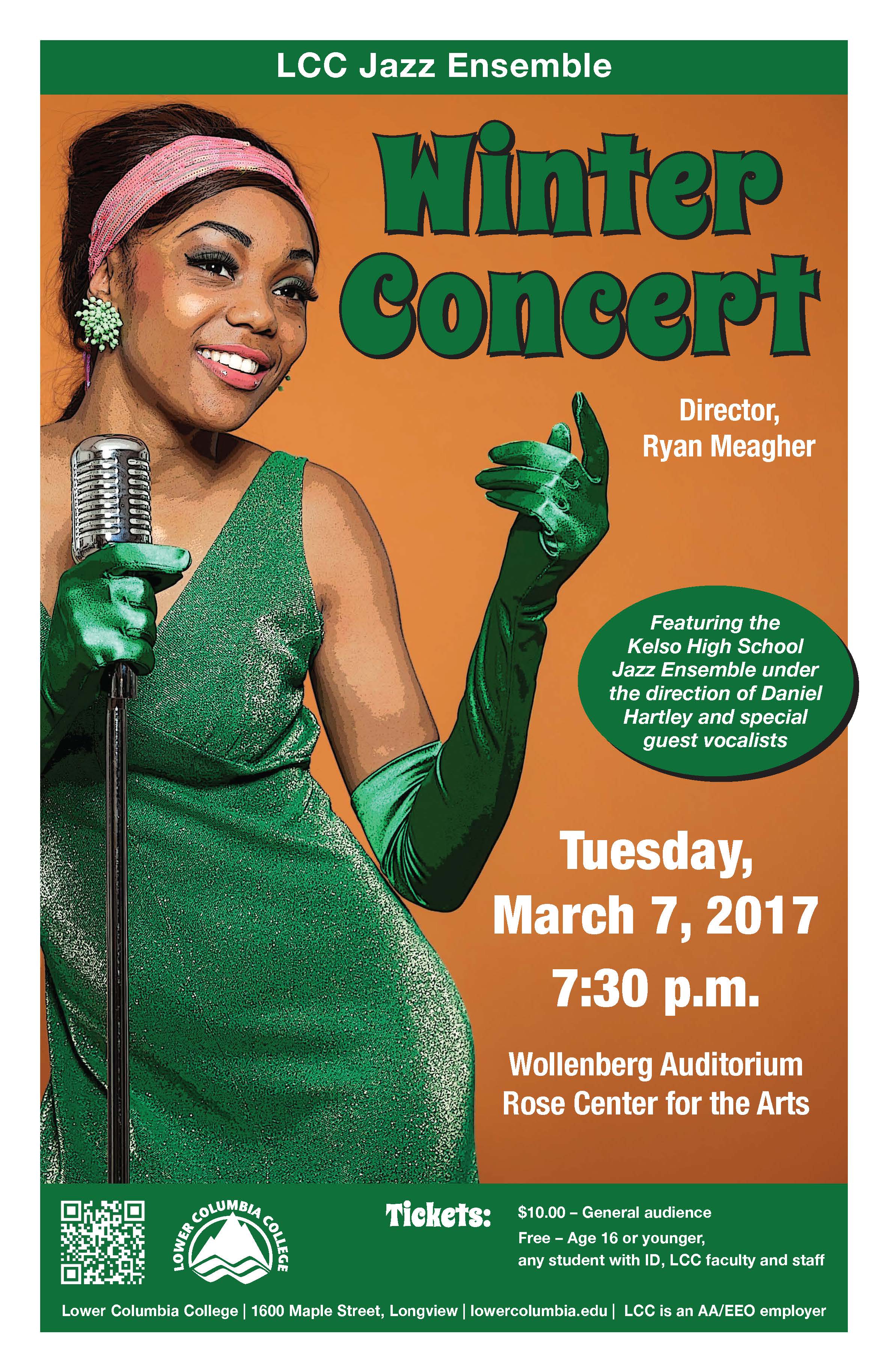 LCC Jazz Ensemble Winter Concert 2017 poster depicting a black woman in a green dress and gloves singing.
