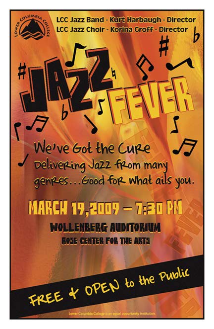 Jazz Fever Concert Poster depicting abstract art of a horn surrounded by music notes, sharps and flatss.