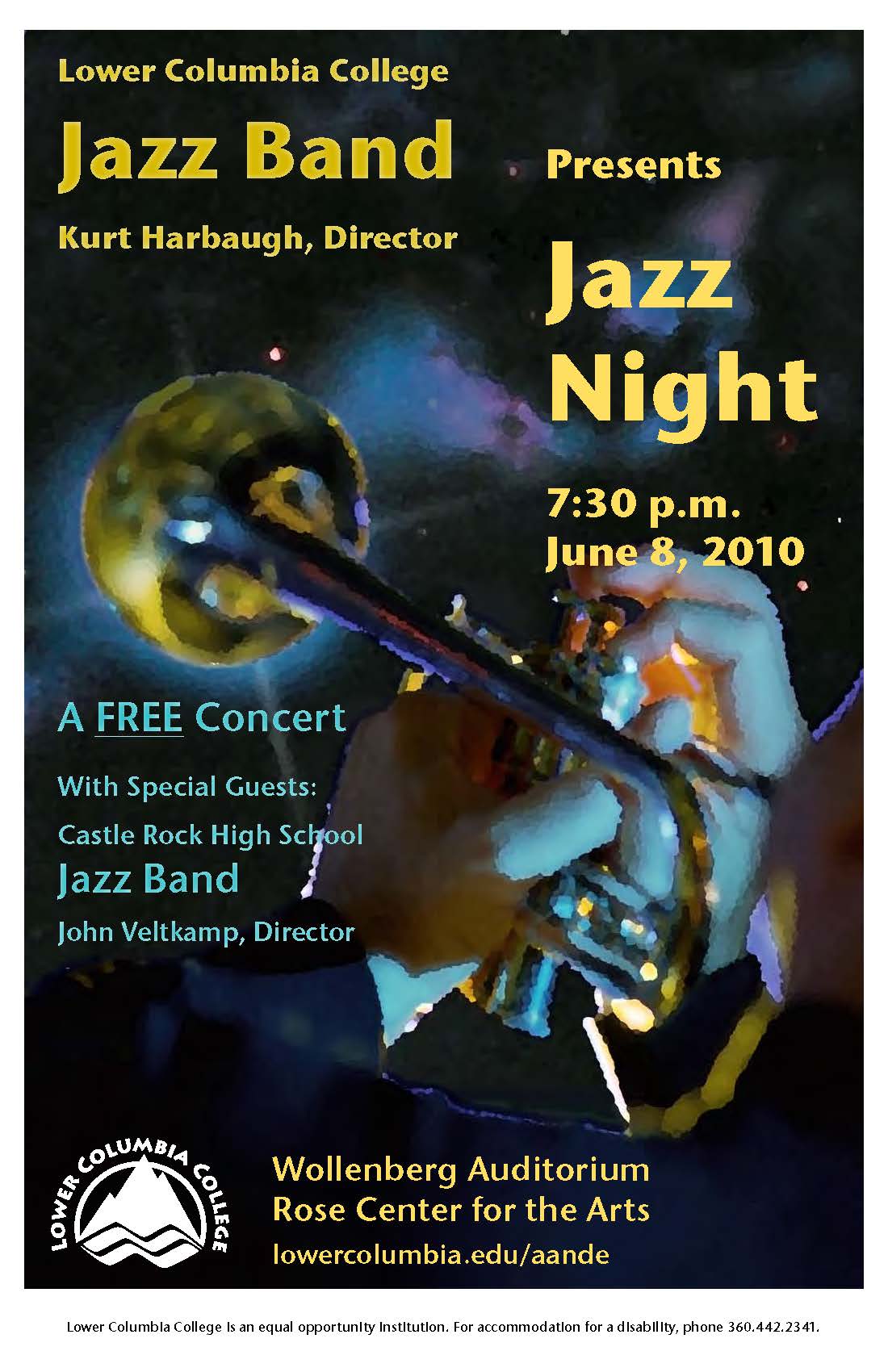 LCC Jazz Band presents Jazz Night Spring 2010 concert poster depicting an abstract painting of a trumpet being played.