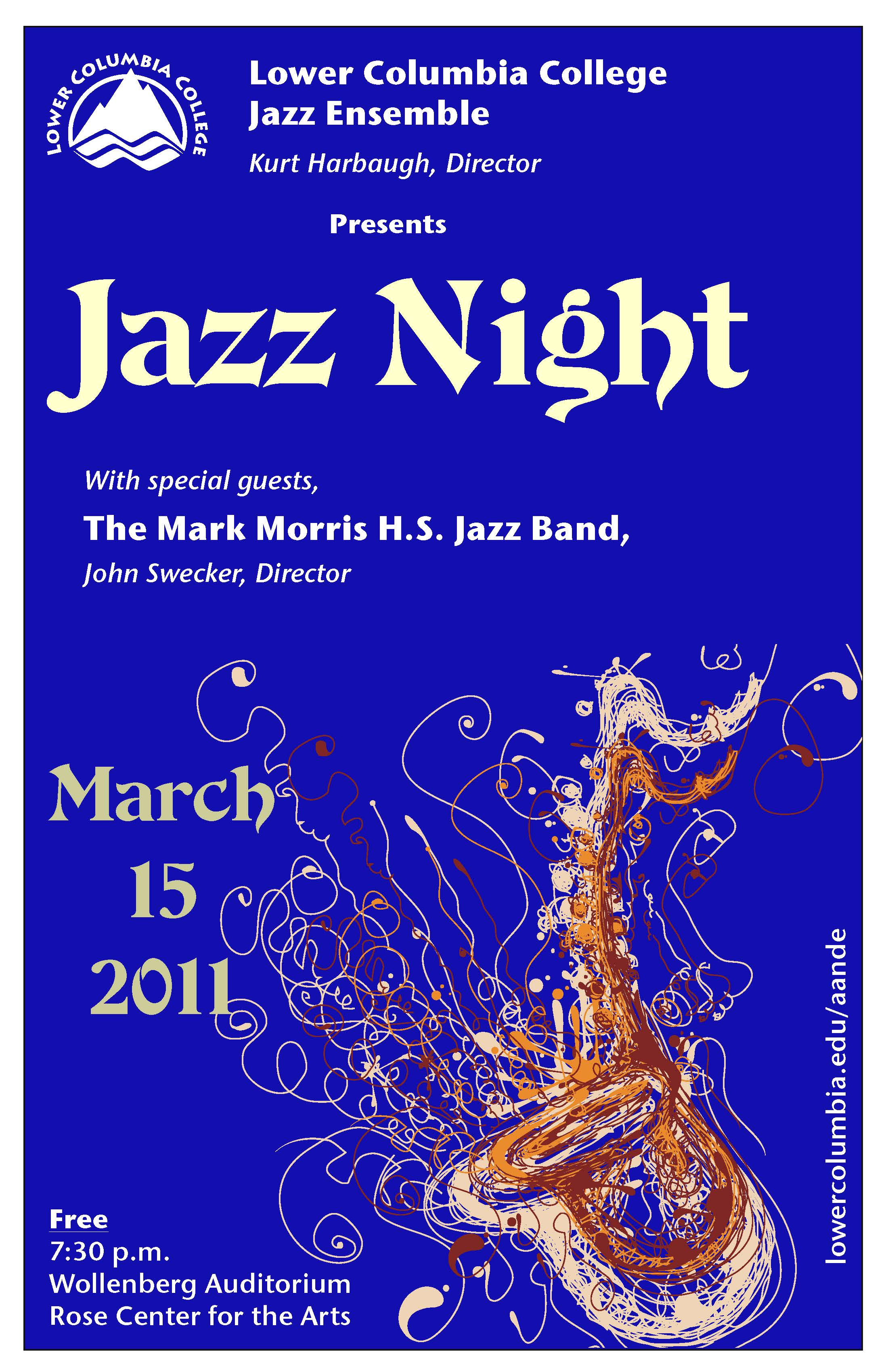 LCC Jazz Ensemble presents Jazz Night Winter 2011 concert poster dpeicting line art of a saxophone on a solid blue background.