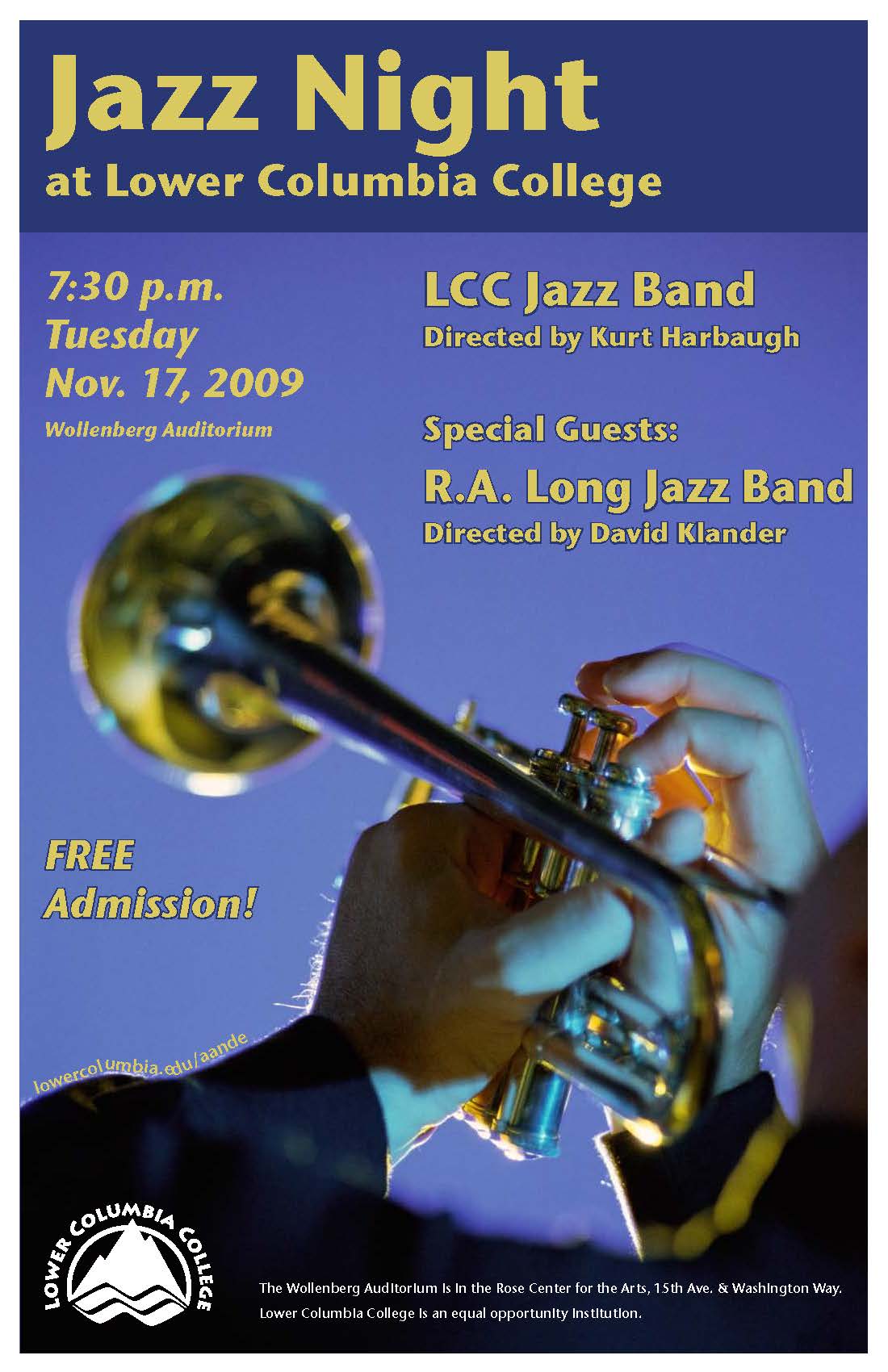Jazz Night at LCC Fall 2009 concert poster depicting a close up of a trumpet being played.