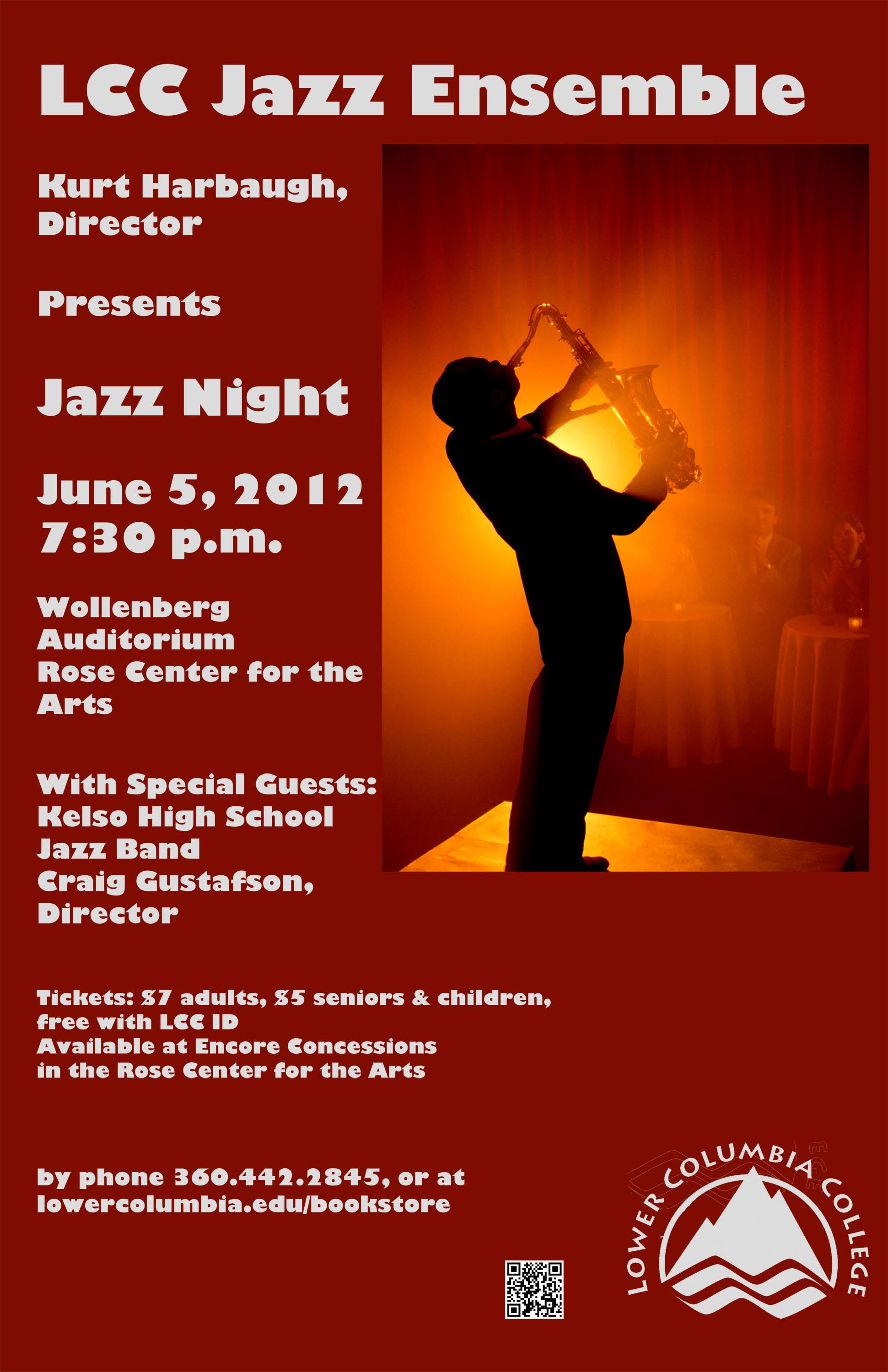 LCC Jazz Ensemble presents Jazz Night Spring 2012 depicting a backlit saxophonist playinng for a small group.