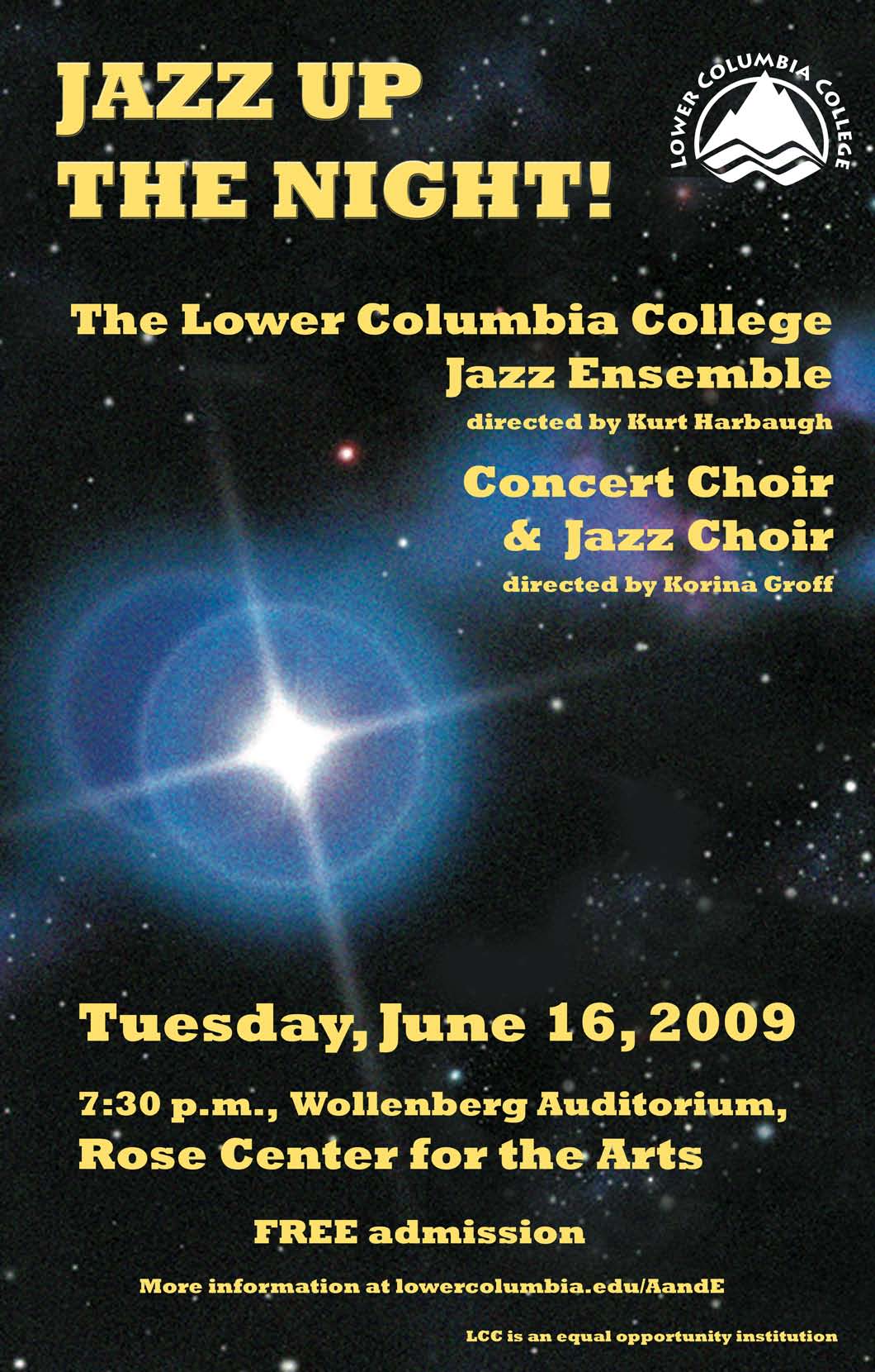 Jazz up the Night! concert poster. Night sky with a bright star in the center.
