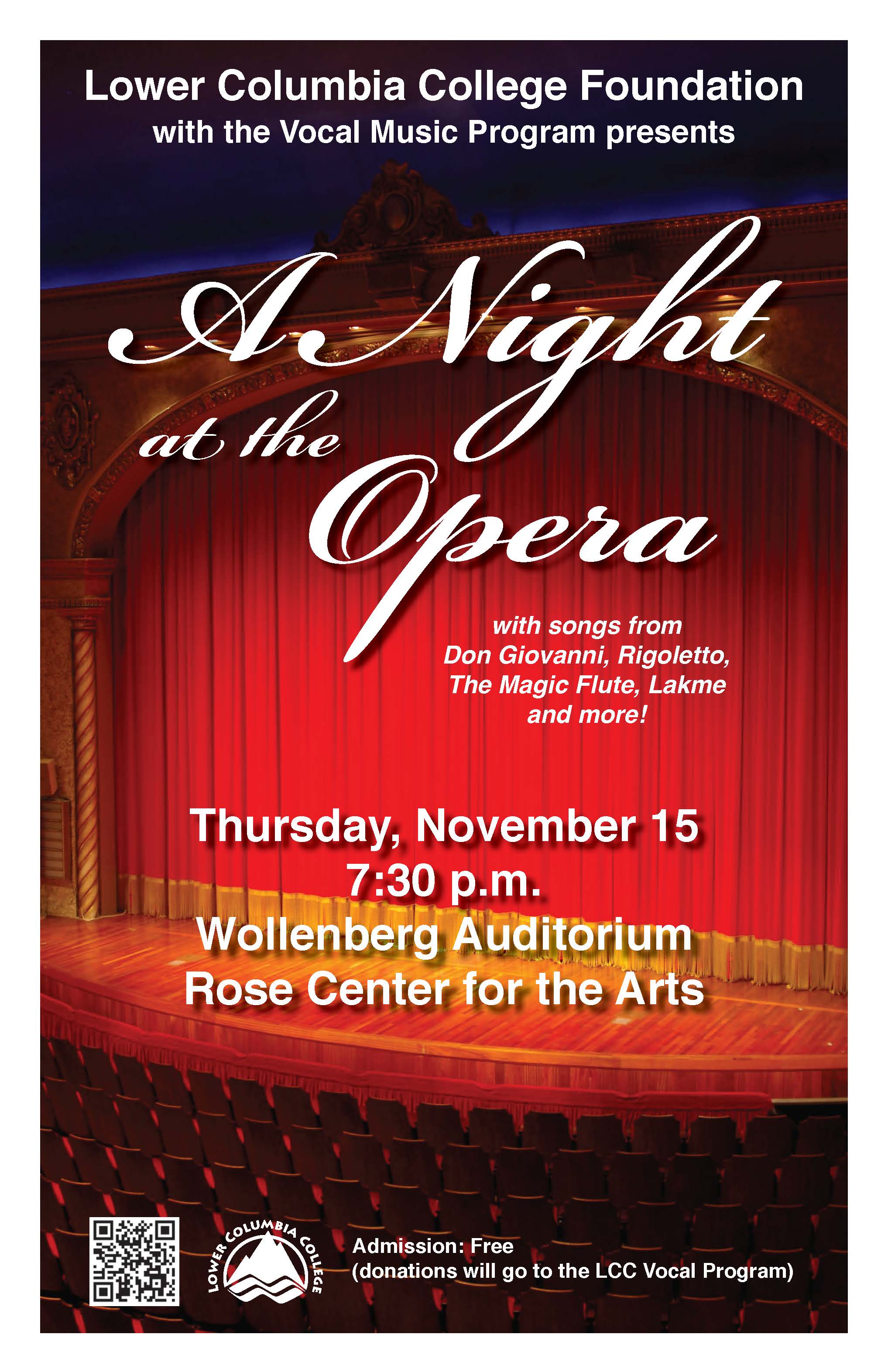 A Night at the Opera Fall 2012 concert poster depicting closed red curtain with yellow tassels on a stage.