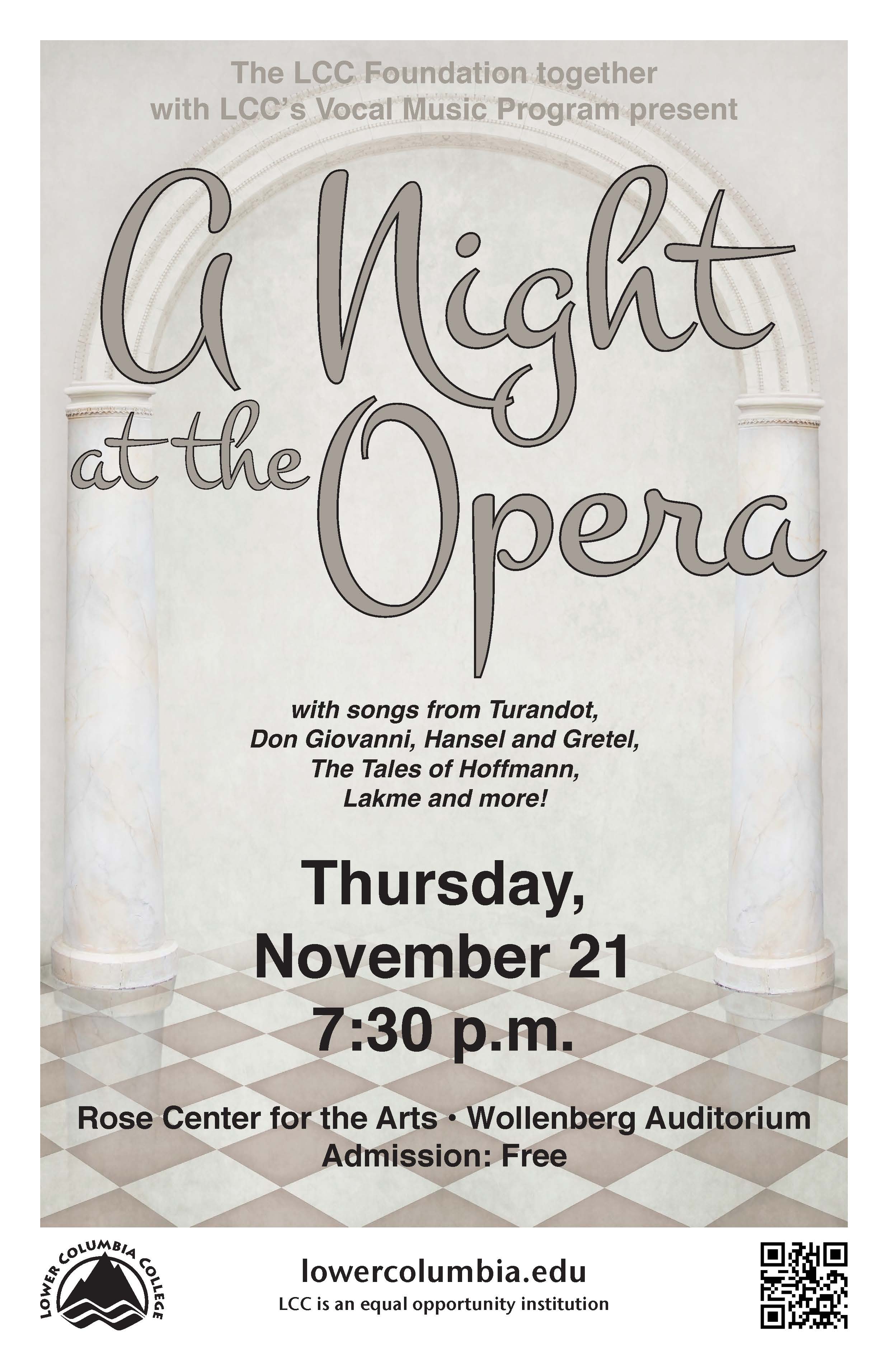 A Night at the Opera Fall 2013 concert poster depicting marble columns on a checkered floor.