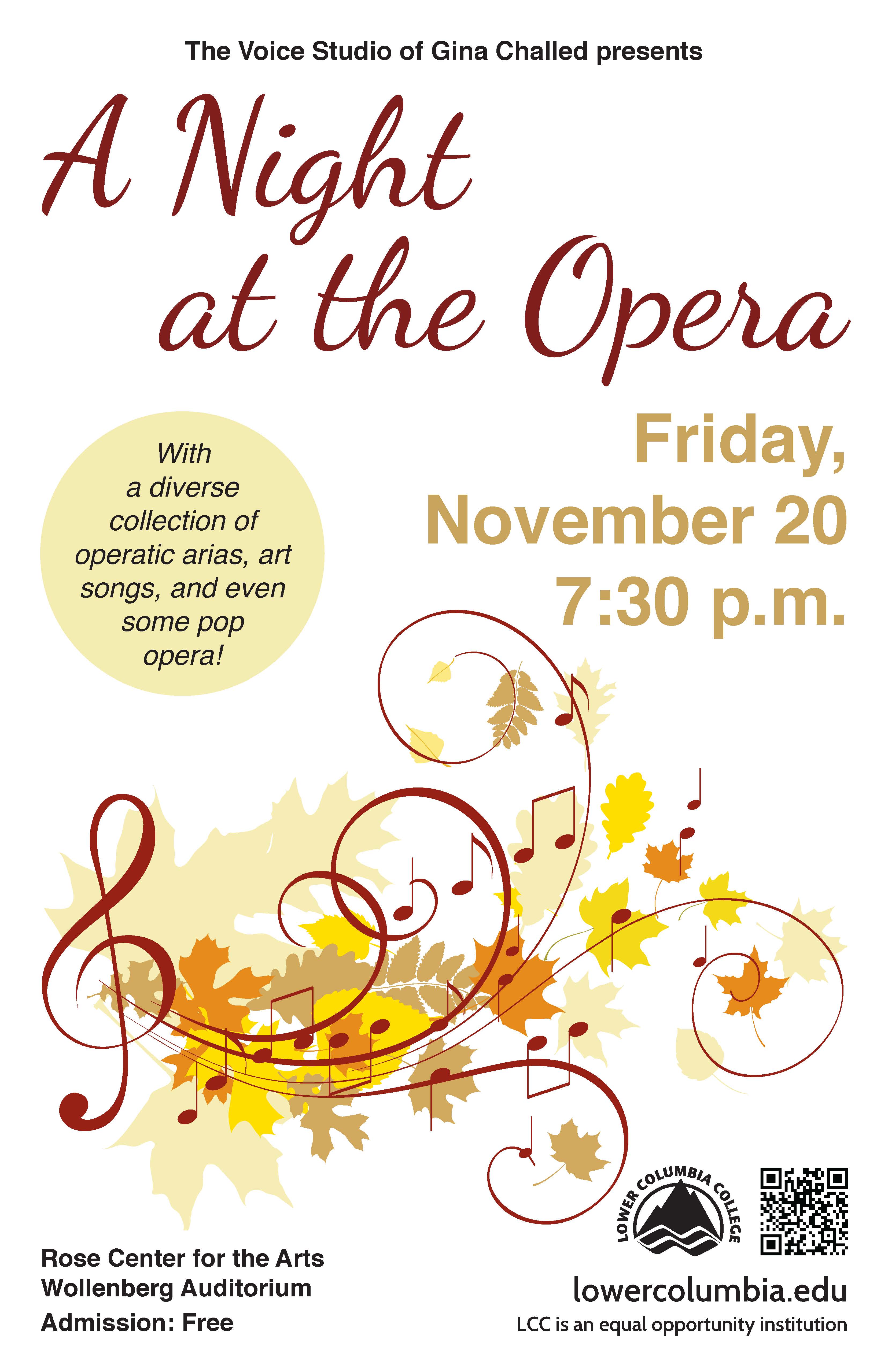 A Night at the Opera Fall 2015 concert poster depicting a swirling music staff among autumn leaves.