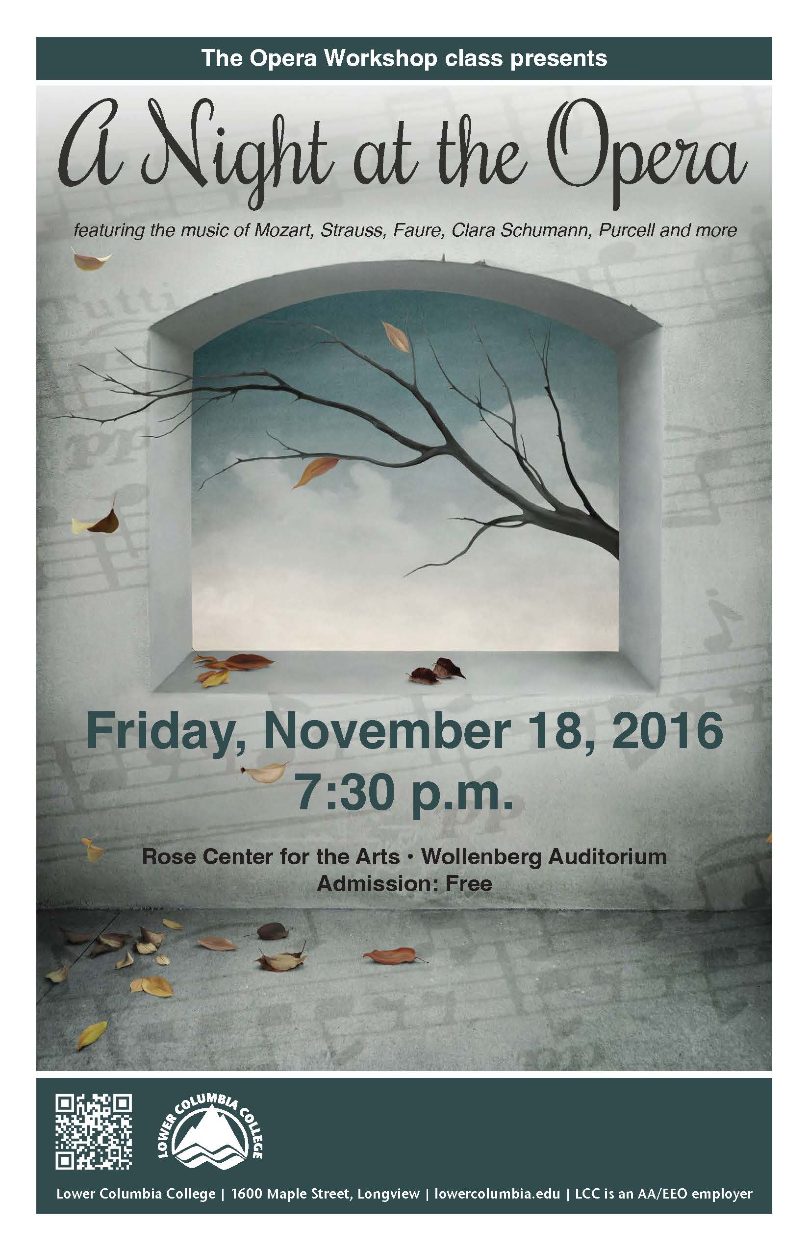 A Night at the Opera Fall 2016 concert poster depicting a tree branch losing its last leaf to the wind with sheet music in the background.