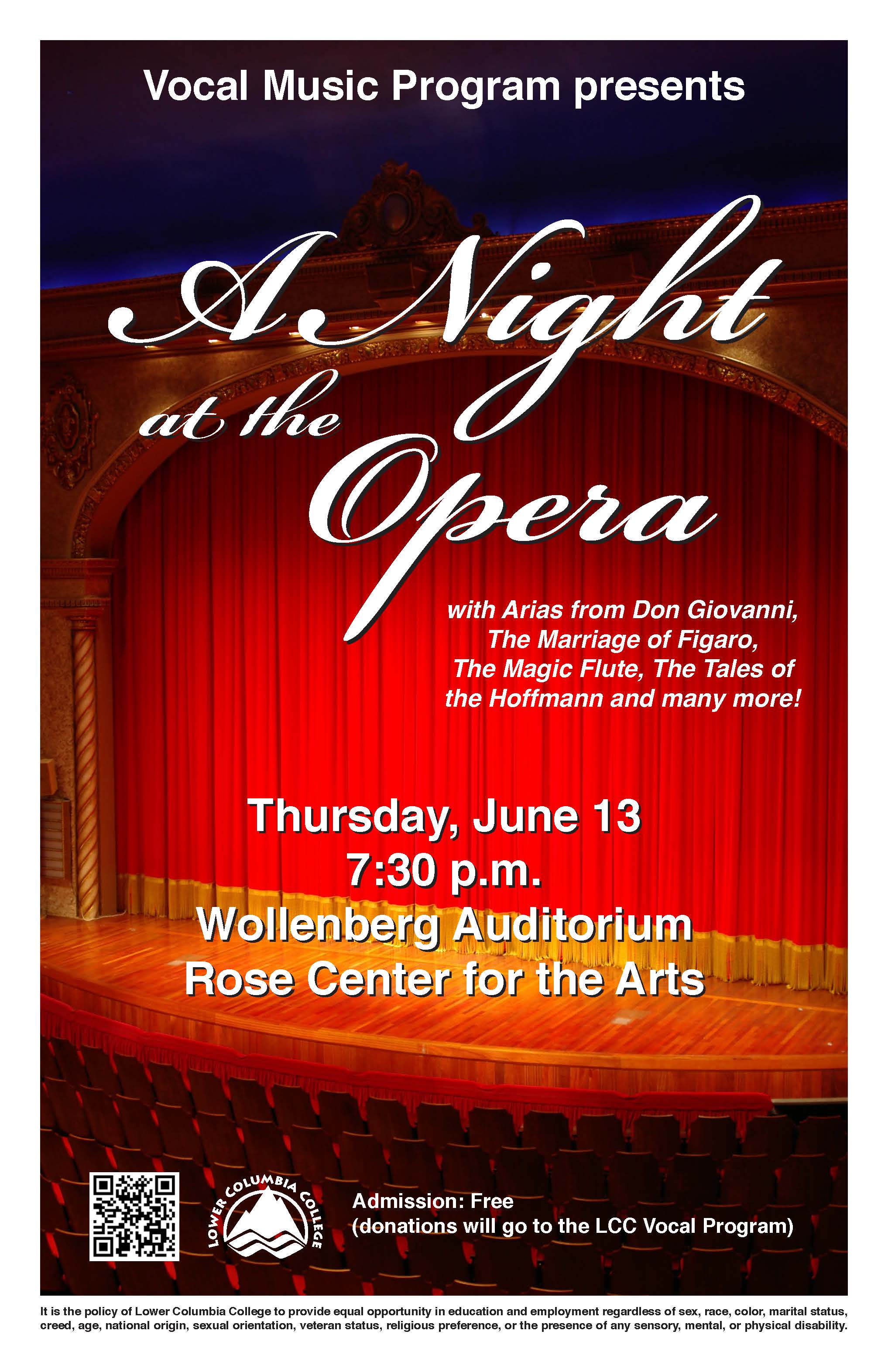 Vocal Music Program presents A Night at the Opera Spring 2013 concert poster depicting a closed red curtain with yellow tassles on a stage.