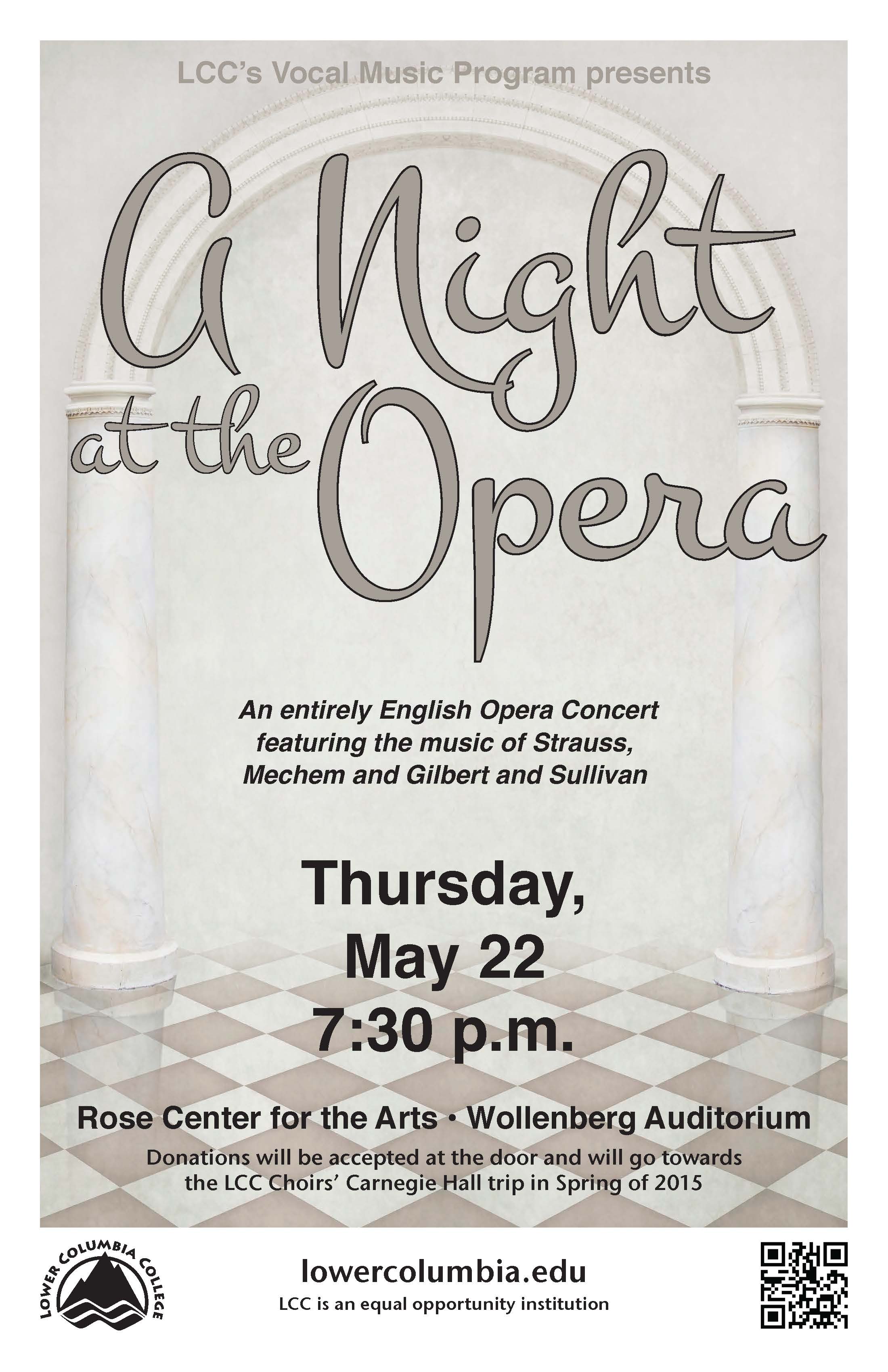 A Night at the Opera Spring 2014 concert poster depicting marble columns on a checkered floor.