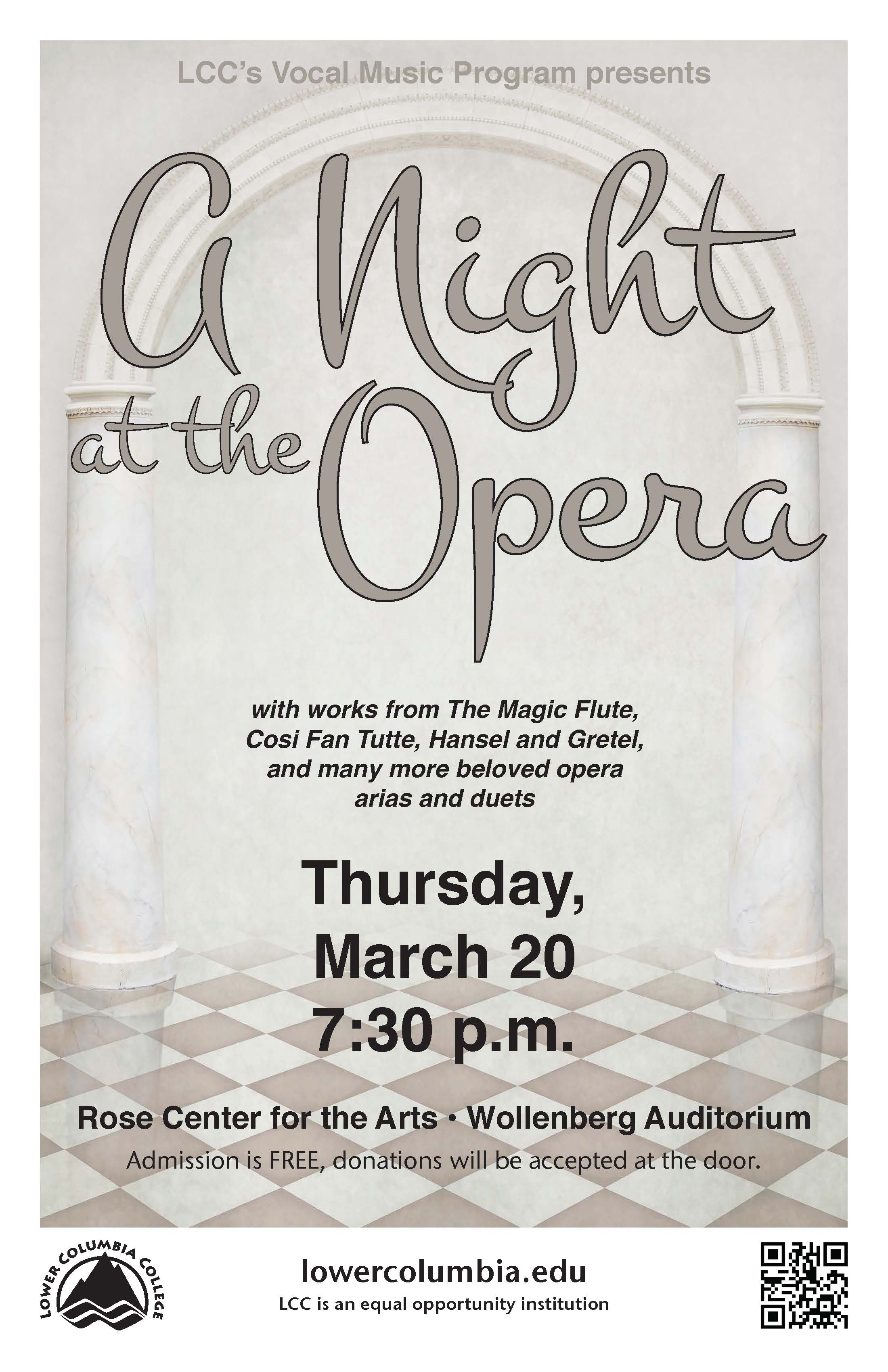 A Night at the Opera Winter 2014 concert poster depicting marble columns on a checkered floor.