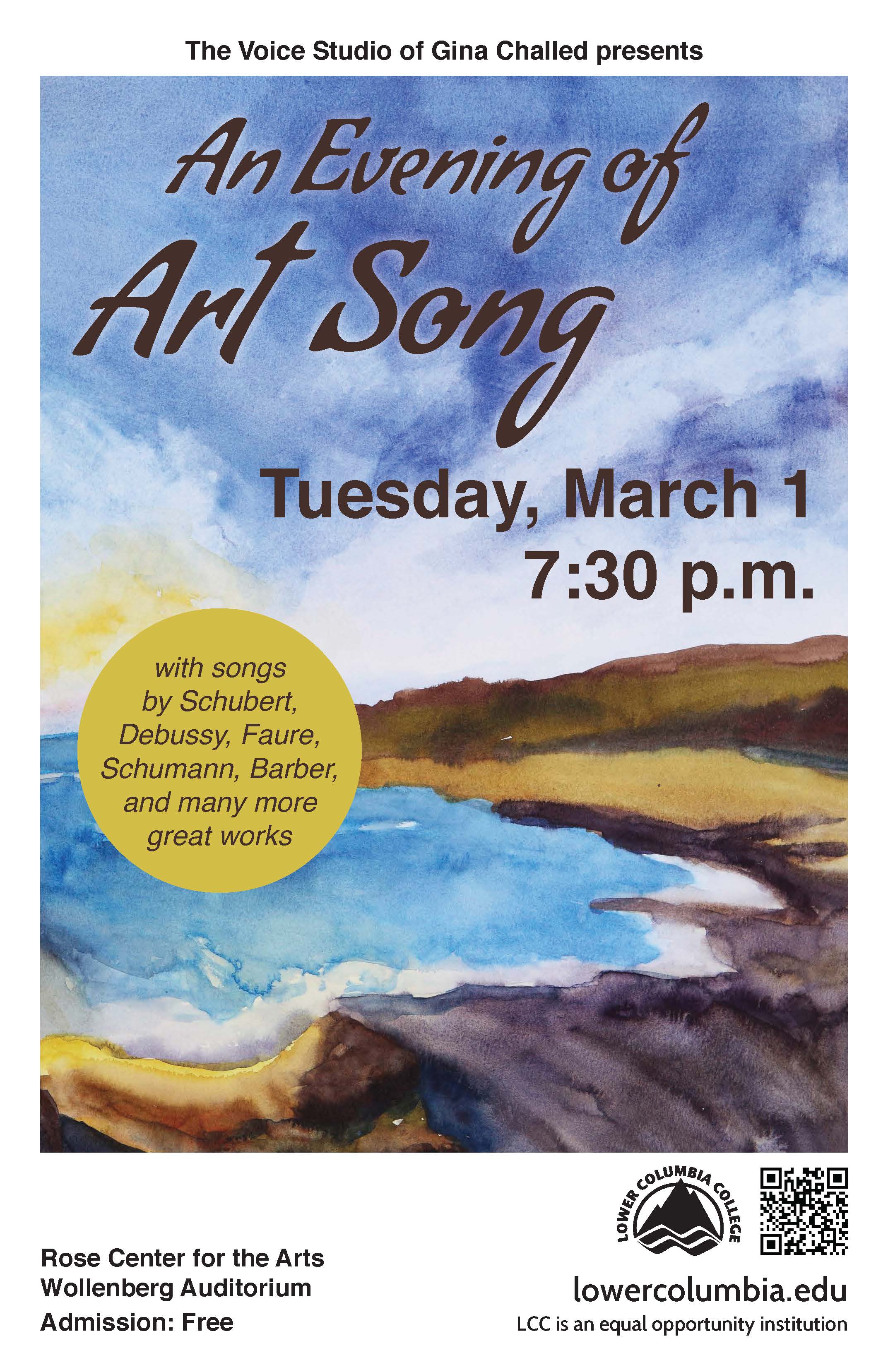 An Evening of Art Song Winter 2016 concert poster depicting an abstract painting of the seaside.