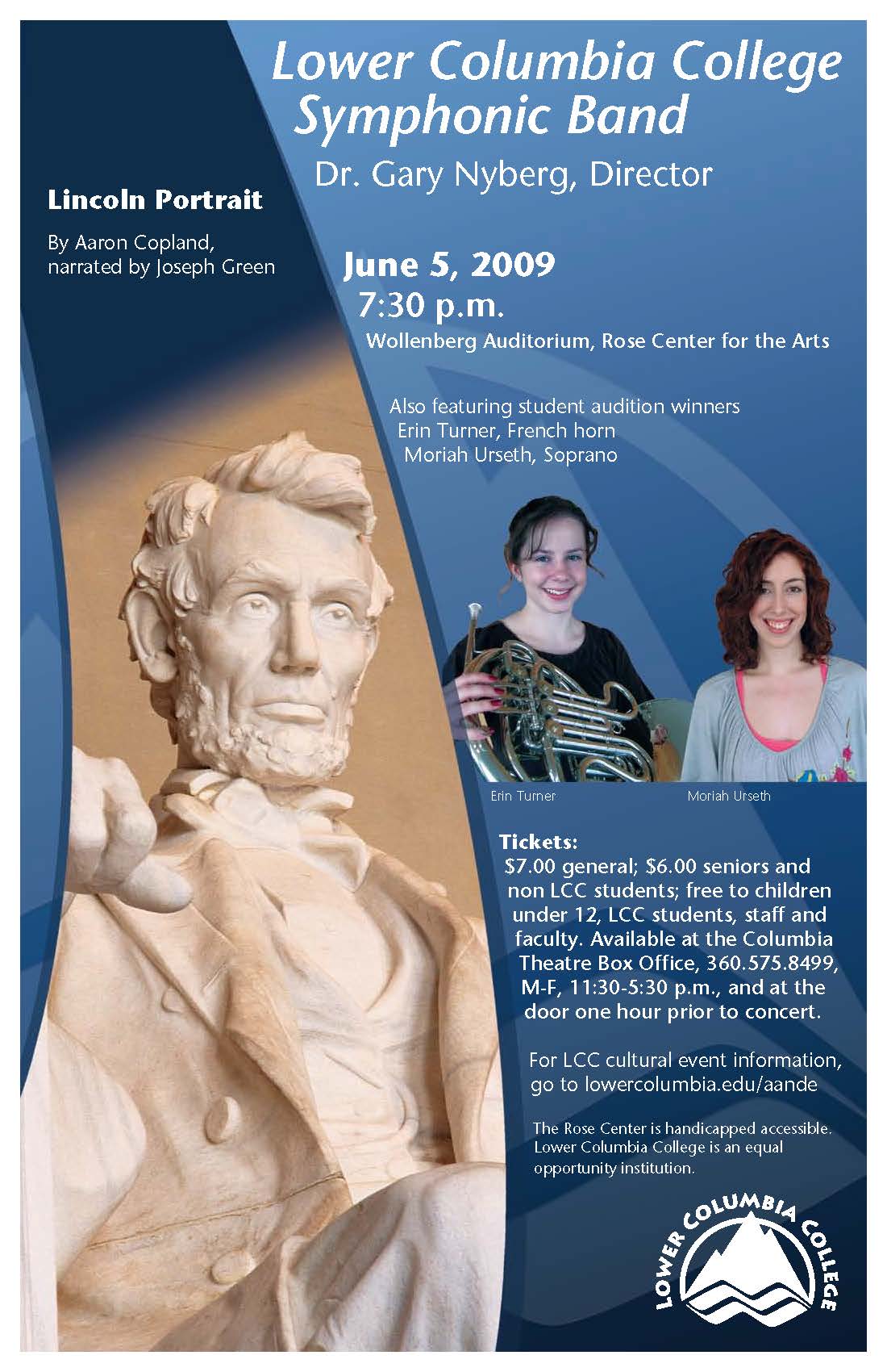 LCC Symphonic Band Lincoln Portrait concert poster. Statue of Abraham Lincoln beside soloists: Erin Turner and Moriah Urseth.