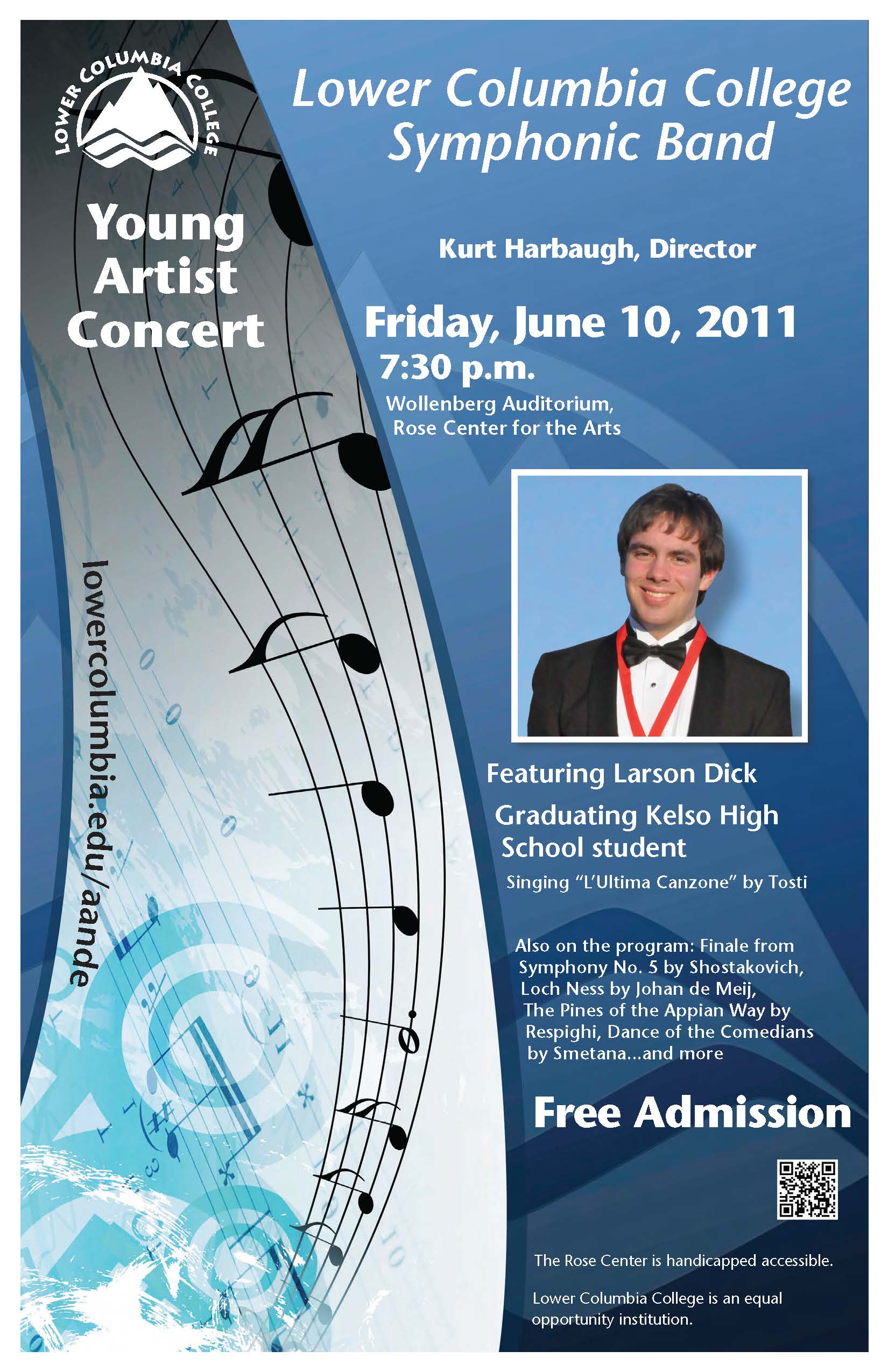 LCC Symphonic Band Young Artist Concert Featuring Larson Dick, Graduating Kelso High School Student singing "L'Ultima Canzone" by Tosti concert poster. A music staff.