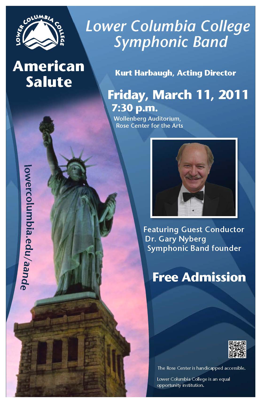 LCC Symphonic Band: American Salute concert poster depicting the statue of liberty at sunset.