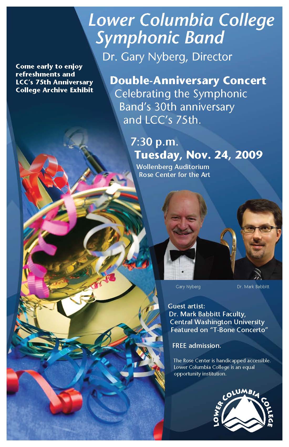 Double Anniversary concert poster, depicting a close up of a trombone wrapped in streamers alongside headshots of&nbsp;Gary Nyberg Dr. Mark Babbit with his trombone.