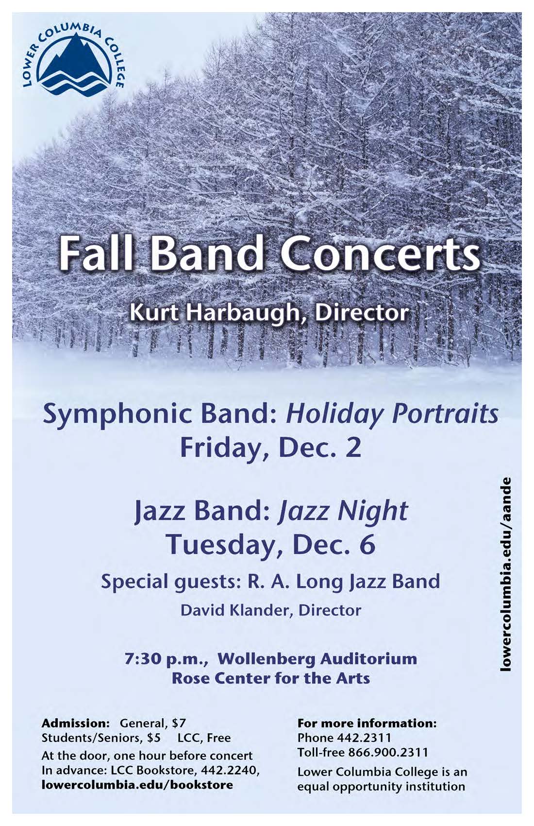 Full Band Concerts concert poster for Symphonic Band: Holiday Portraits, and Jazz Band: Jazz Night Fall 2011 depicting a snow covered treeline.