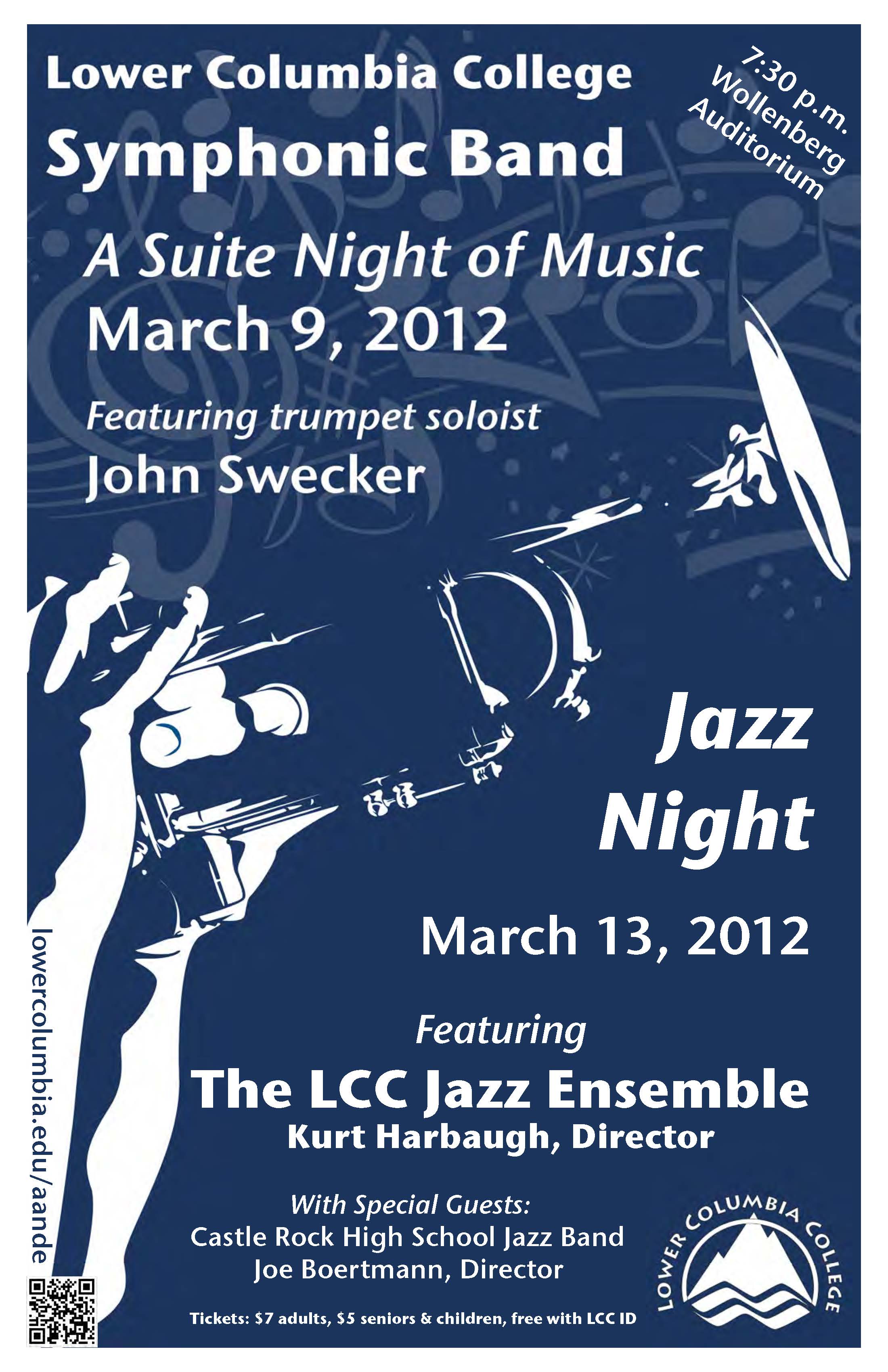 LCC Symphonic Band concert poster for A Suite Night of Music featuring trumpet soloist John Swecker, and Jazz Night, featuring The LCC Jazz Ensemble with Special Guests Castle Rock High School Jazz Band.