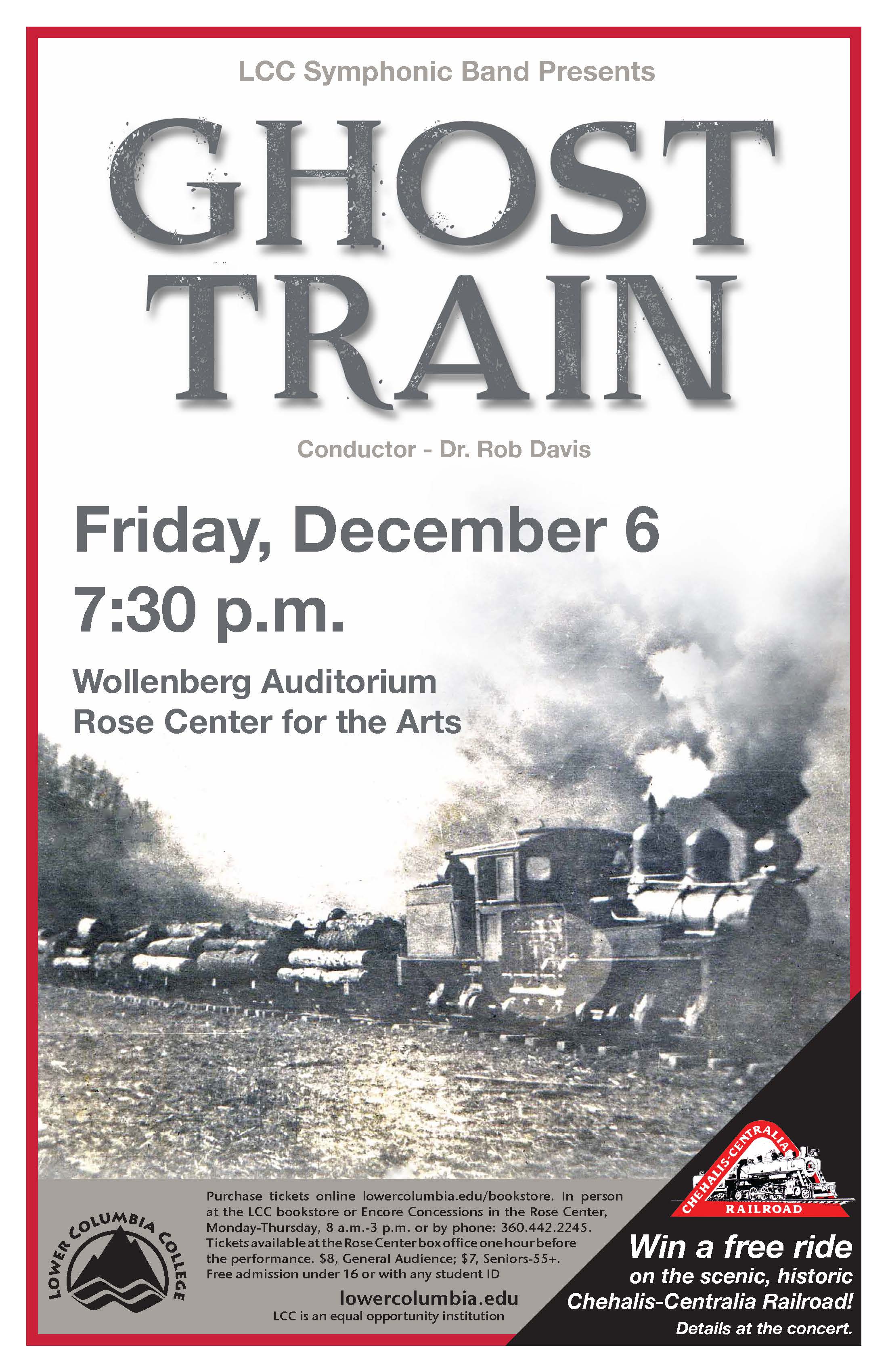 LCC Symphonic Band presents Ghost Train concert poster depicting a train hauling logs.