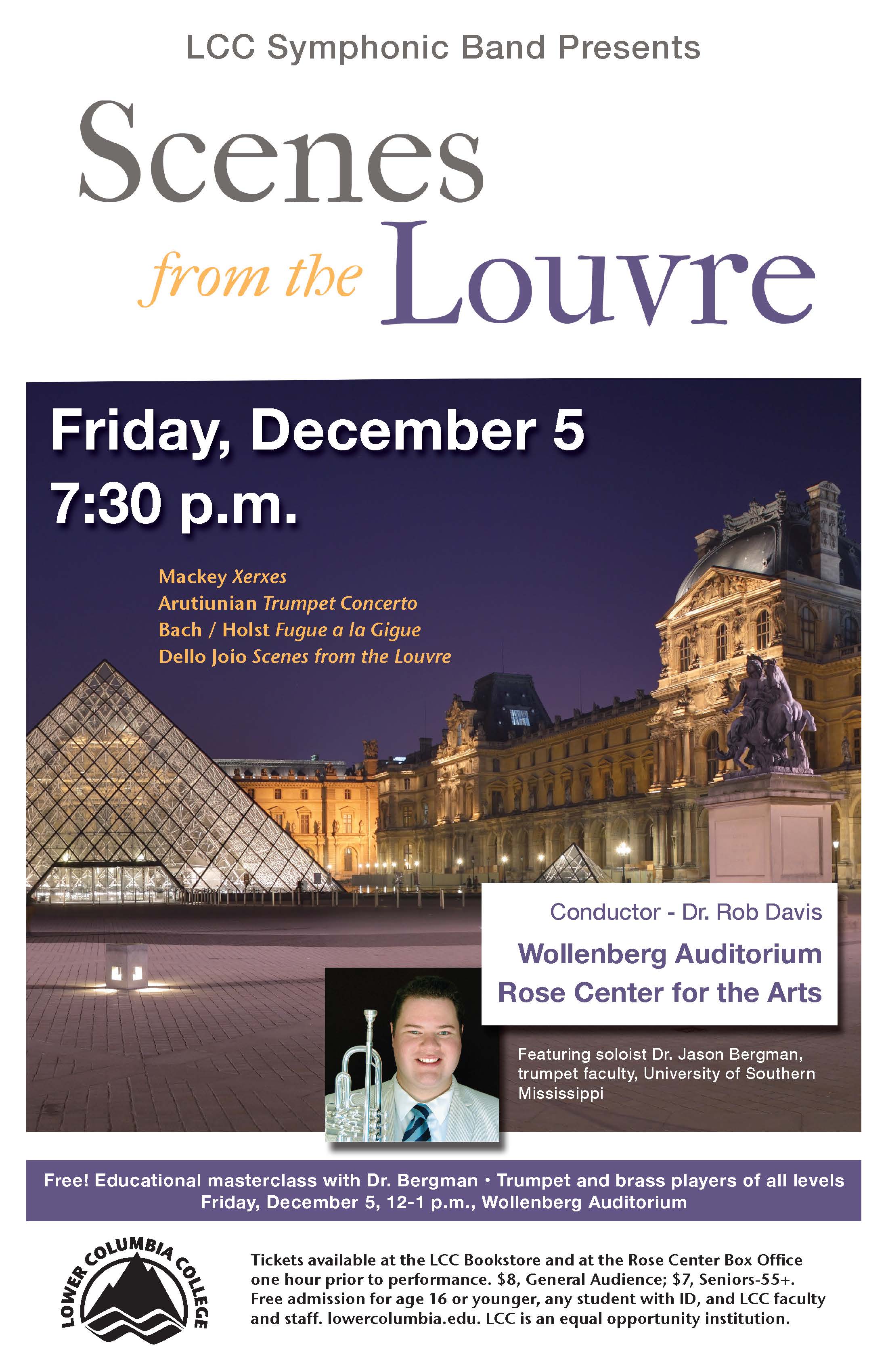 Scenes from the Louvre concert poster depicting the Louvre and a headshot of Dr. Jason Bergman holding a trumpet.