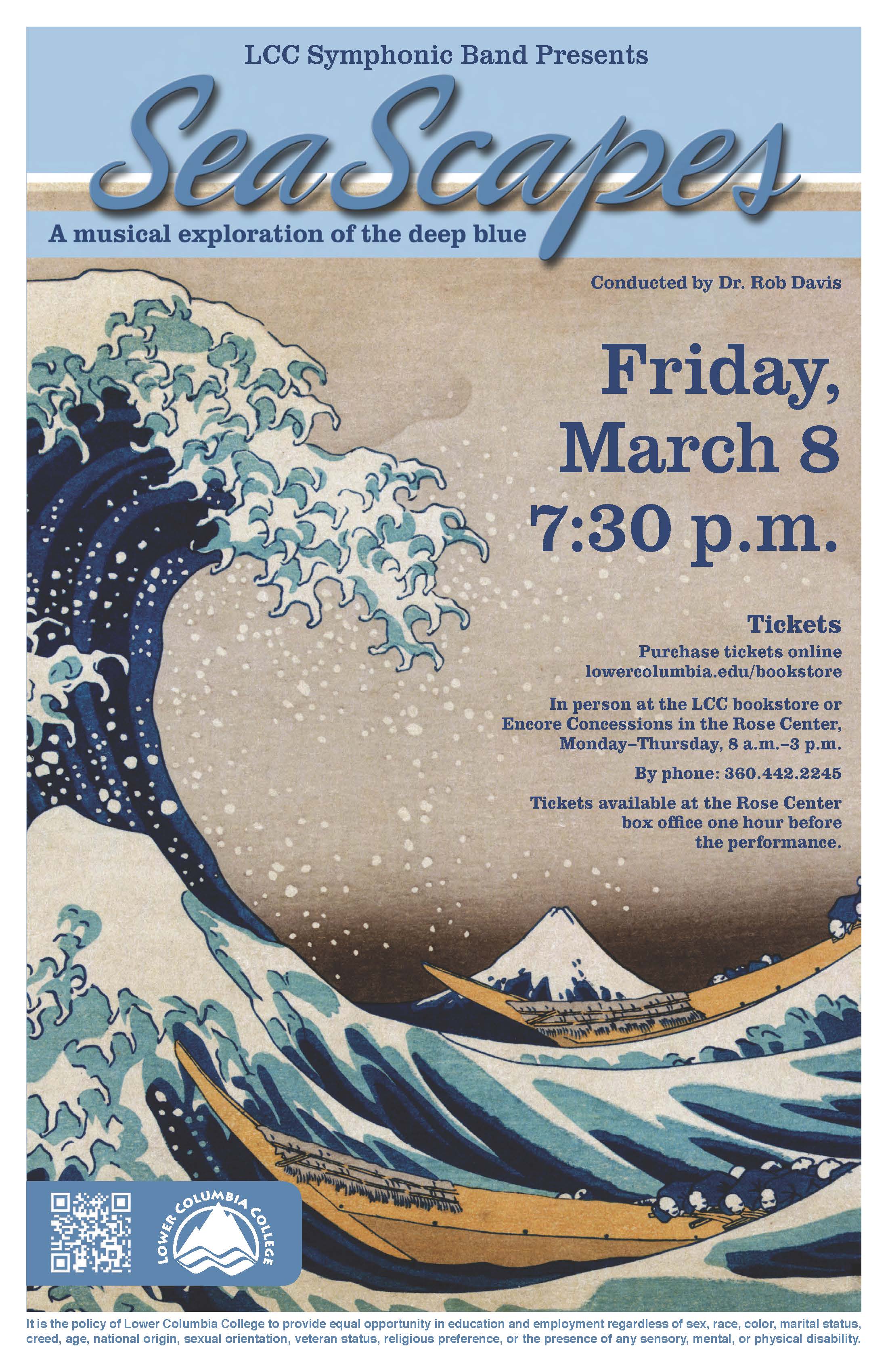 LCC Symphonic Band Presents SeaScapes concert poster, depicting The Great Wave of Kanagawa.